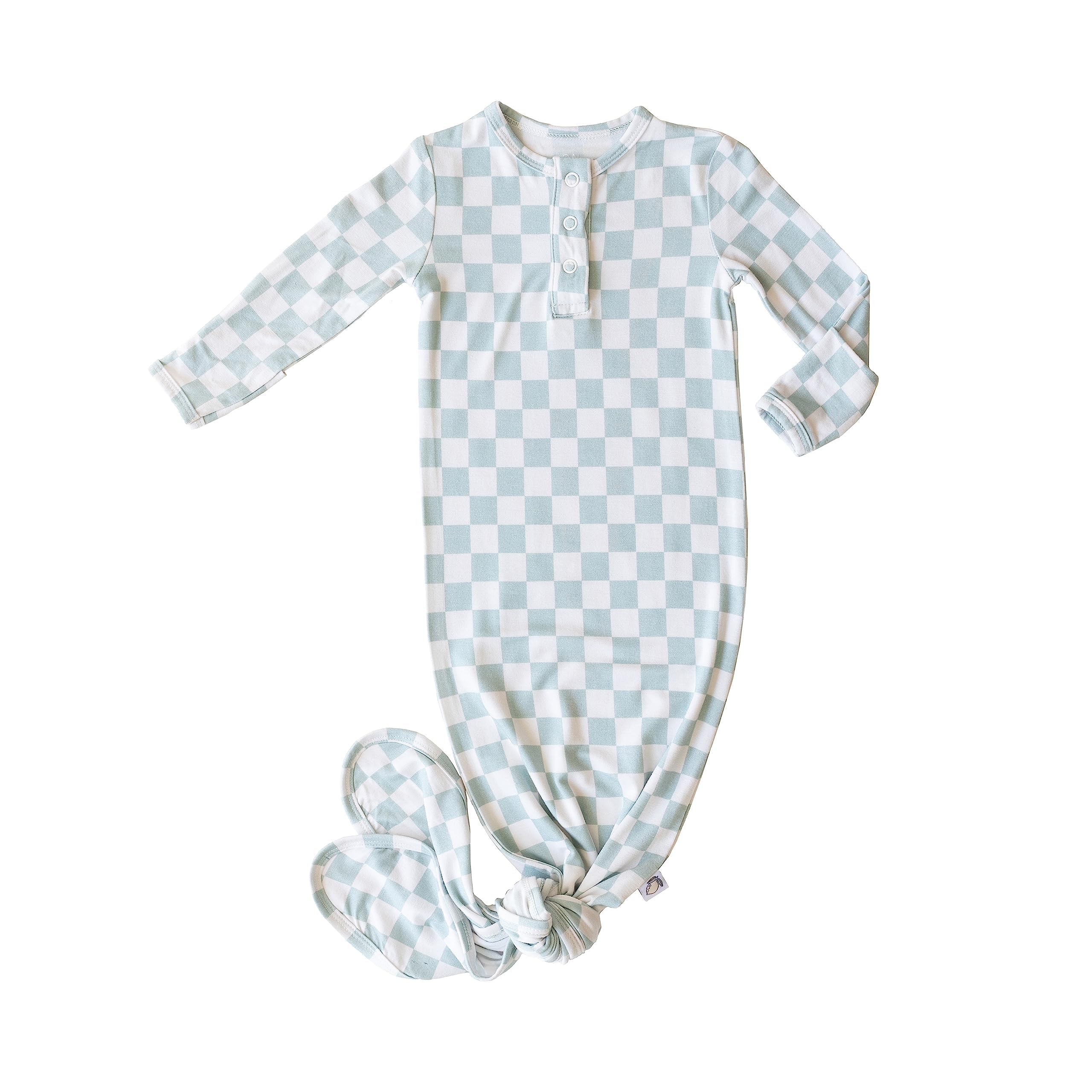 Soft Bamboo Viscose Checkered Knotted Gown for Newborn Baby - Cozy Infant Sleeper with Mittens for Baby Girls & Boys - Perfect for Home, Hospital & Photo Shoots