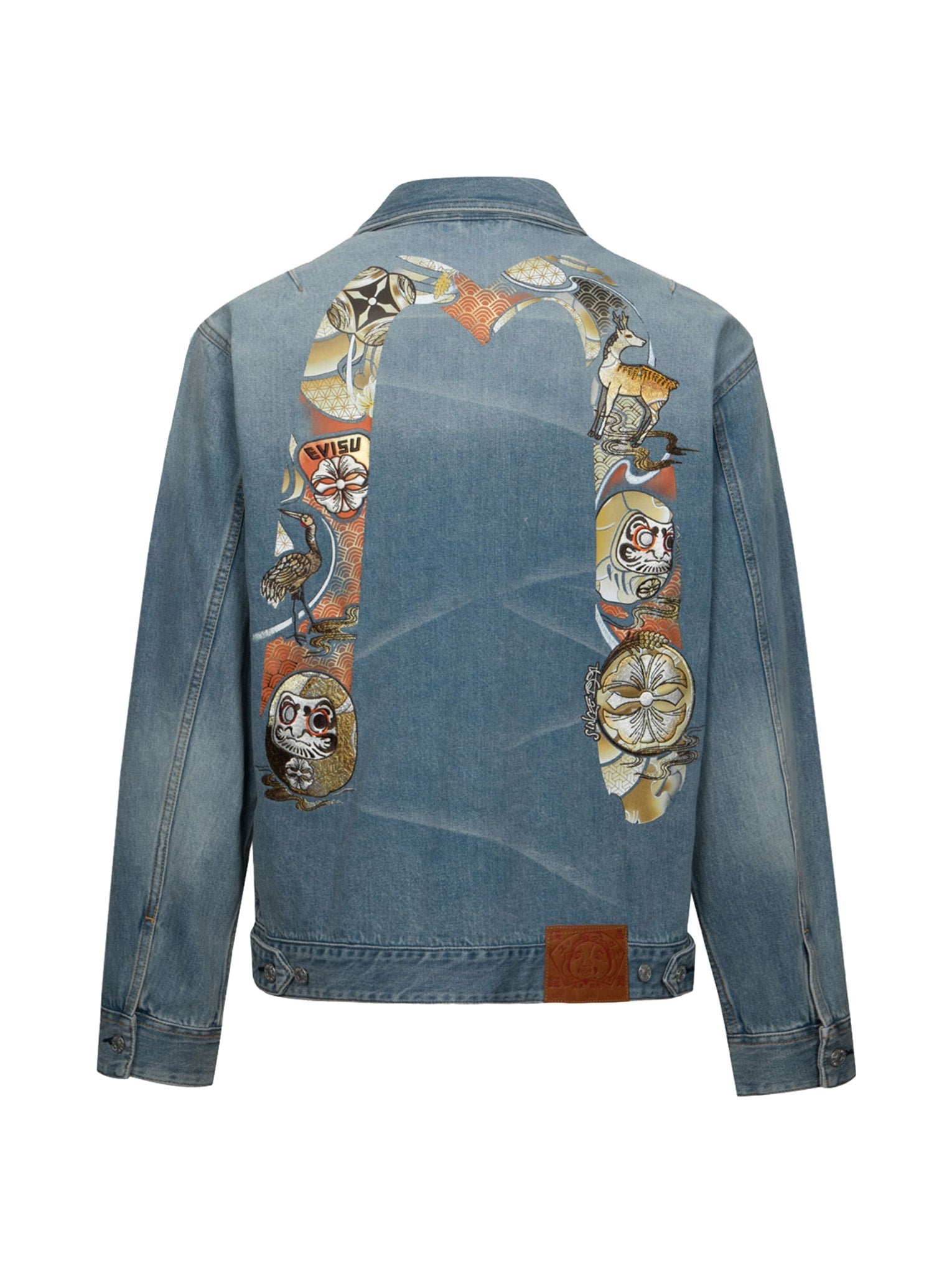 Hanafuda Daruma Daicock Embroidered Relaxed Fit Denim Jacket for Men | Vintage Japanese Style Streetwear | Perfect for Casual Outfits, Festivals and Anime Conventions