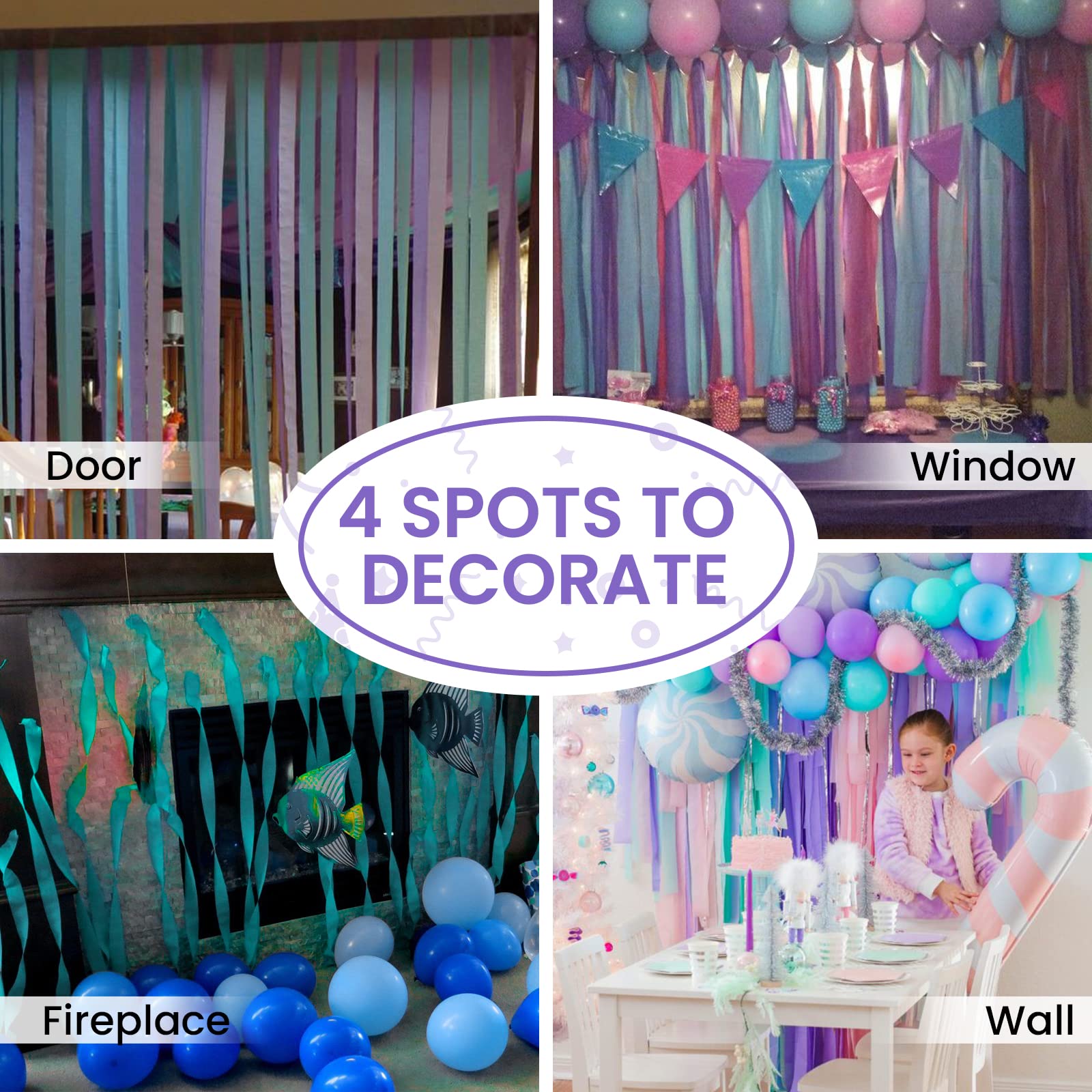 PartyWoo Crepe Paper Streamers - 6 Rolls (492ft) Peach, Purple, Light Pink & Pastel Blue Mermaid Party Decorations for Birthday, Baby Shower & Wedding Decor (1.8