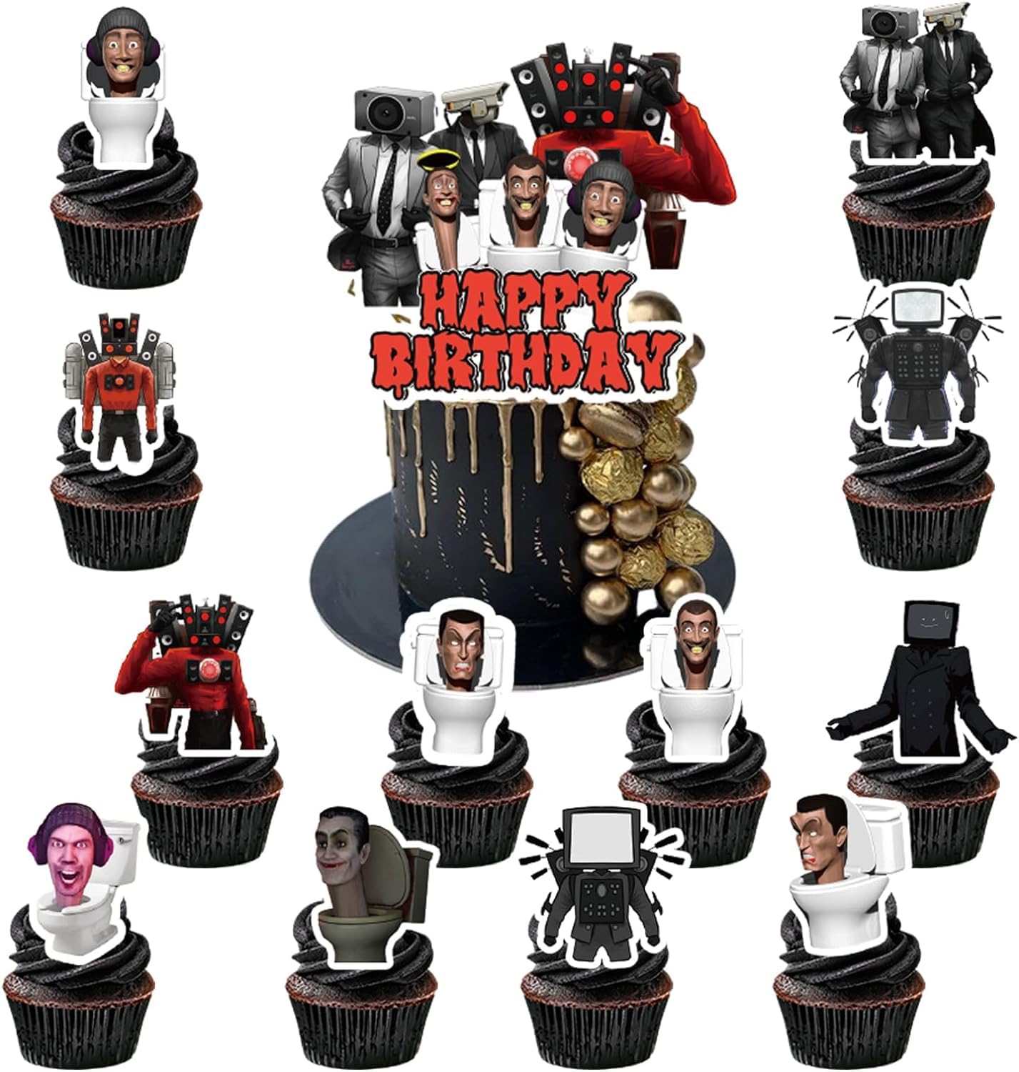 25 Pcs Anime Toilet Theme Cake Toppers - Cameraman Cupcake Decorations for Birthday Parties | Fun Toilet-Themed Party Supplies for Kids, Teens & Adults | Perfect for Birthday Cakes, Cupcakes & Party Decorations