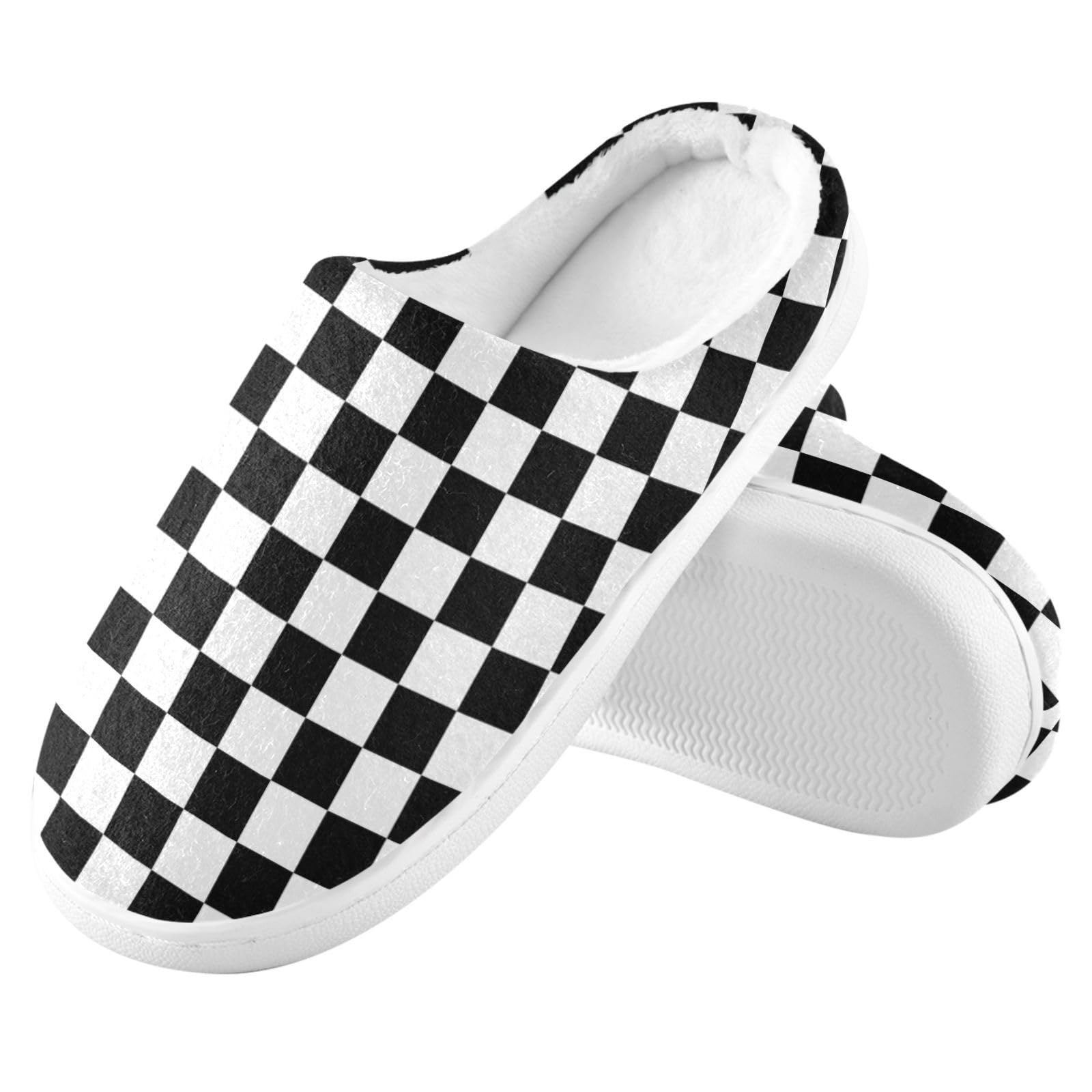 Women's & Men's Cozy Memory Foam House Slippers - Black White Checkerboard Fuzzy Winter Indoor/Outdoor Shoes for Home, Bedroom & Lounge Wear