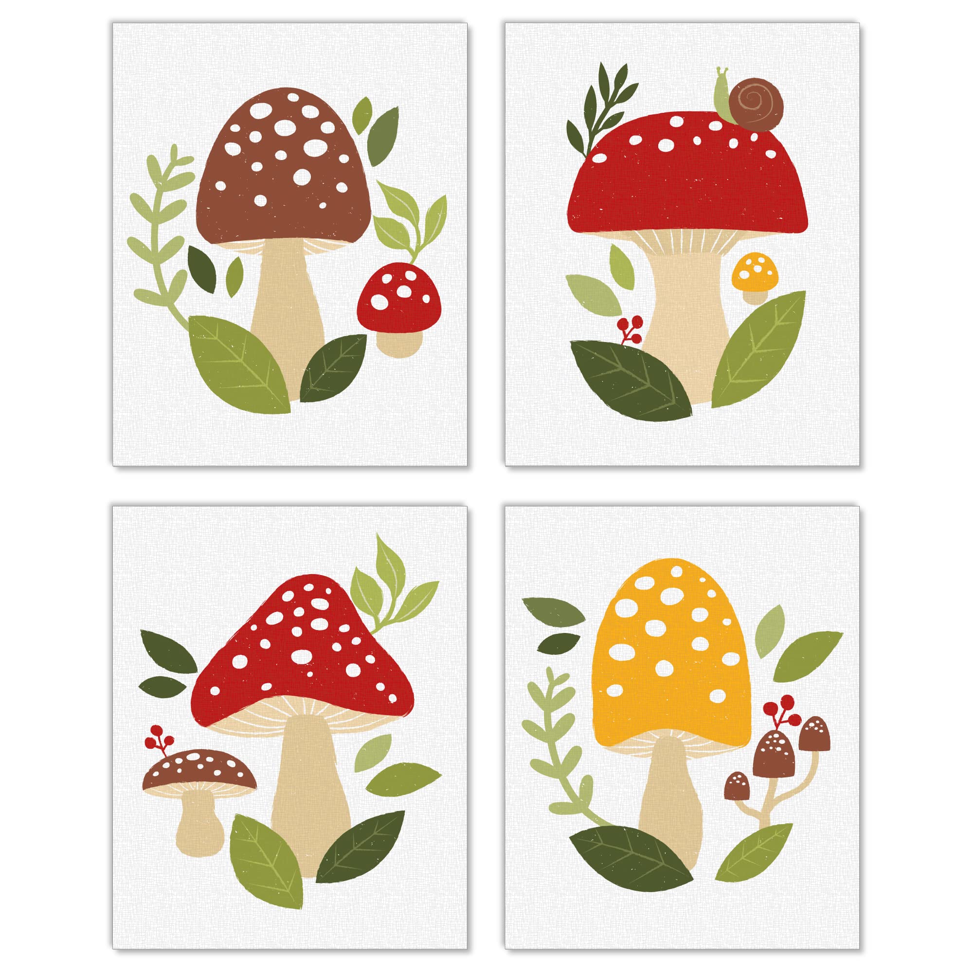 Wild Mushroom Wall Art Set of 4 - 8x10 Inch Unframed Red Toadstool Decor Prints on Linen Paper - Big Dot of Happiness Artisms - Perfect for Boho Home Decor, Nursery, or Kitchen Wall Art