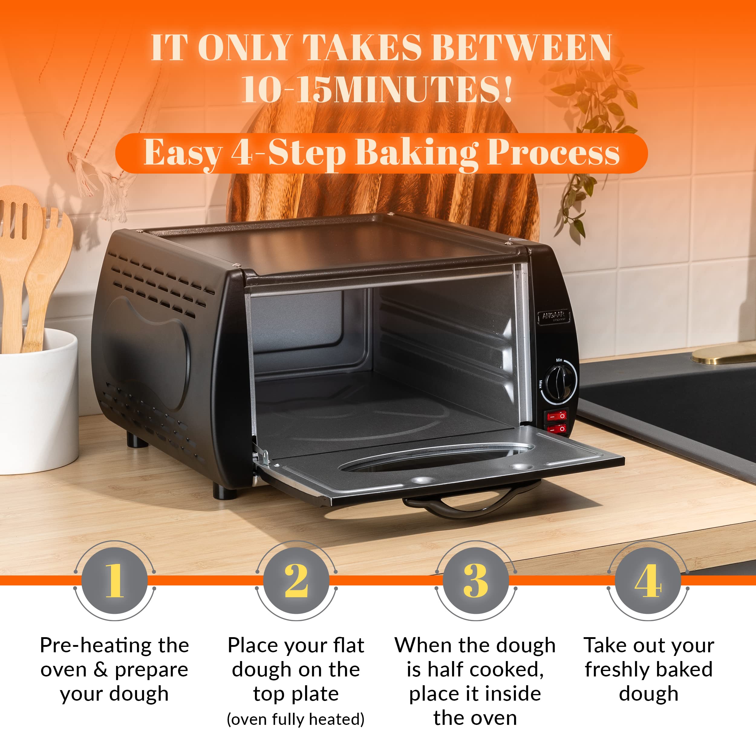Mini Tandoor Oven - Electric Angaar Tandoor & 4-Minute Pizza Maker | Portable Tabletop Oven for Tandoori Roti, Naan, Kebabs & More | Perfect for Home Kitchens, Outdoor Cooking & Indian Cuisine Lovers