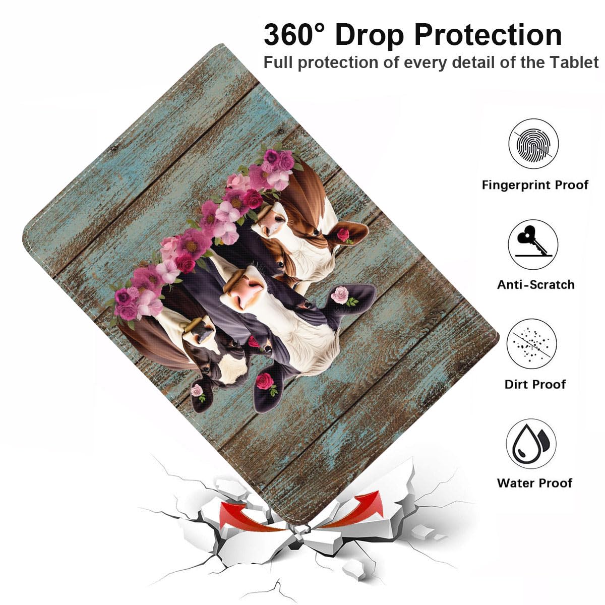 Premium iPad 9.7 Case with Auto Wake/Sleep - Adjustable Stand Protective Cover for iPad 6th/5th Gen, iPad Air, Air 2 & Pro 9.7 - Rustic Wood Design with Funny Cows Pattern (Includes Coasters) | Perfect for Home, Office & Travel Use