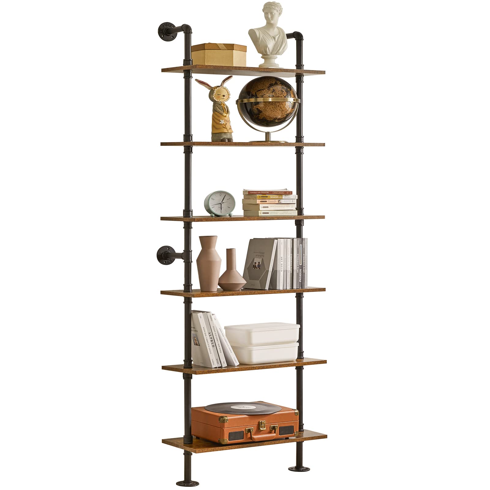 Industrial Pipe Ladder Shelf - 6-Tier Wall Mounted Bookcase with Sturdy Metal Frame, 78.7