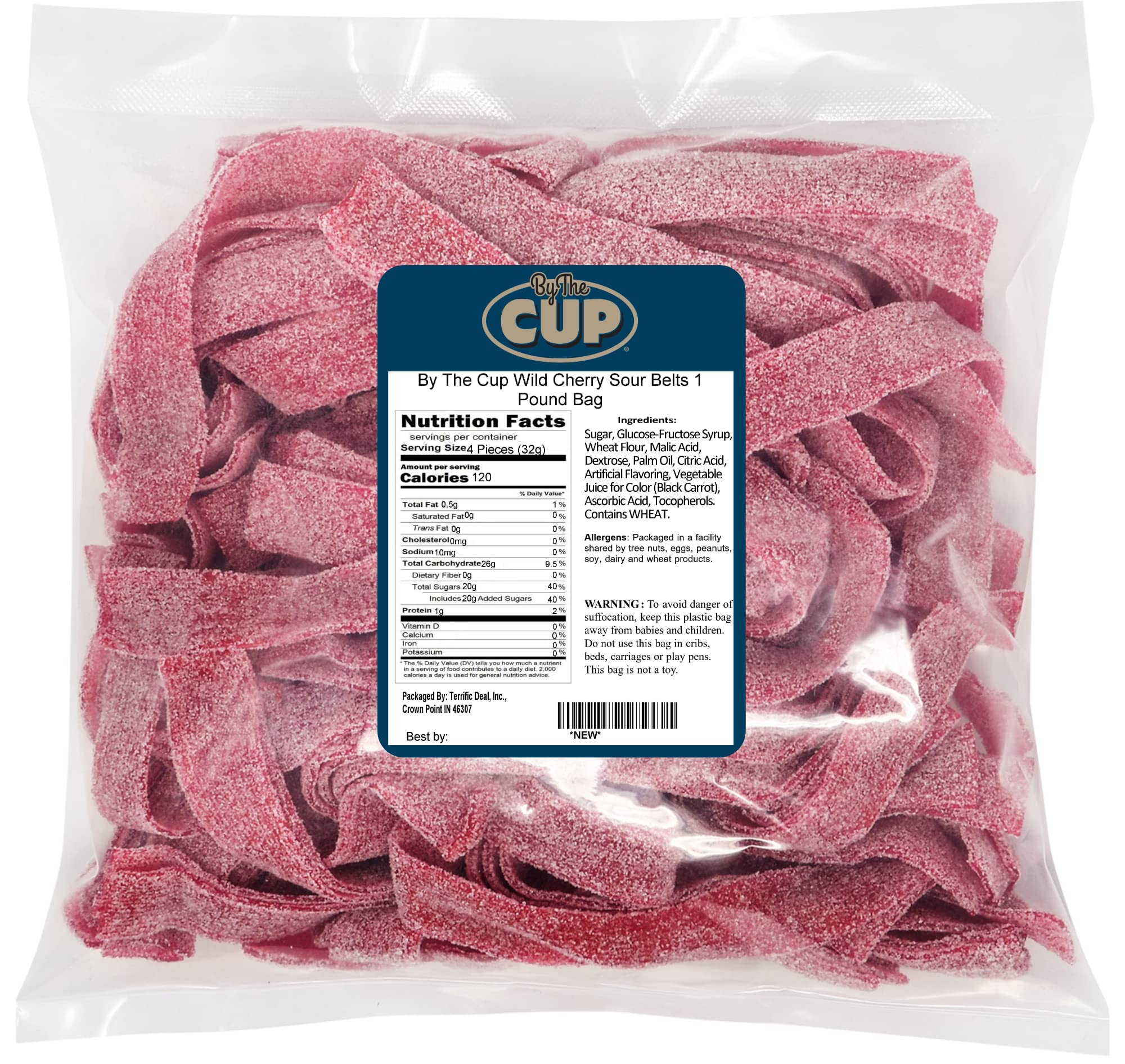 By The Cup Sour Power Wild Cherry Sour Belts - 1 lb Bulk Bag of Tangy Candy for Parties, Movie Nights & Office Snacks