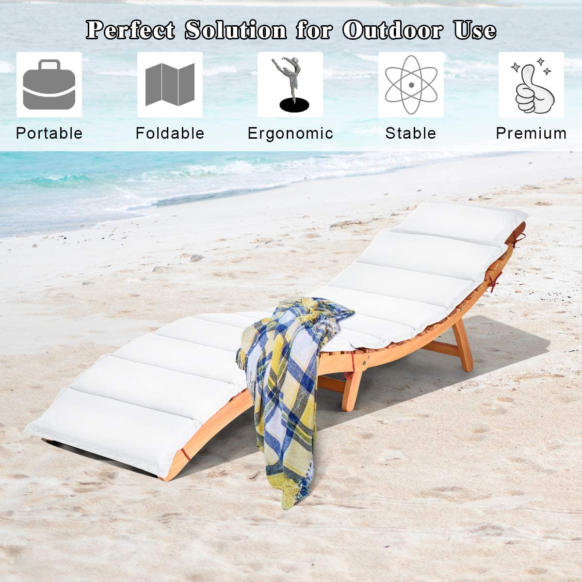 Tangkula Folding Patio Lounge Chair - Solid Eucalyptus Wood Sun Lounger with Double-Sided Cushion - Portable Chaise with Foldable Headrest for Garden, Lawn, Backyard & Poolside Relaxation