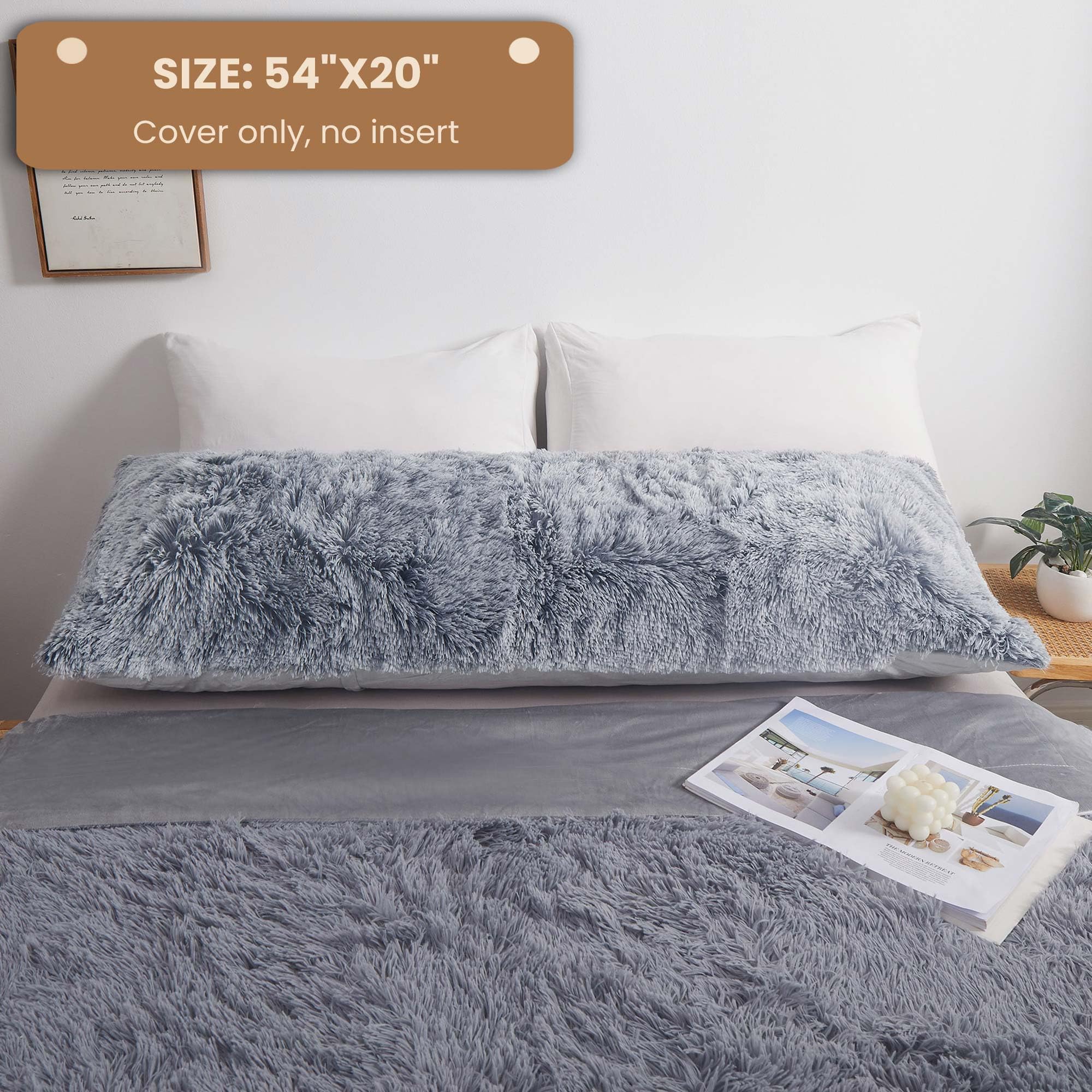 MEGO Shaggy Plush Body Pillow Cover - Light Gray Faux Fur Fluffy Pillowcase 20x54 Inches - Boho Fuzzy Full Body Pillow Case for Bed, Sofa & Home Decor - Soft Rectangular Long Big Pillow Sham in Ombre Grey - Perfect for Lounging, Reading & Cozy Home Decor