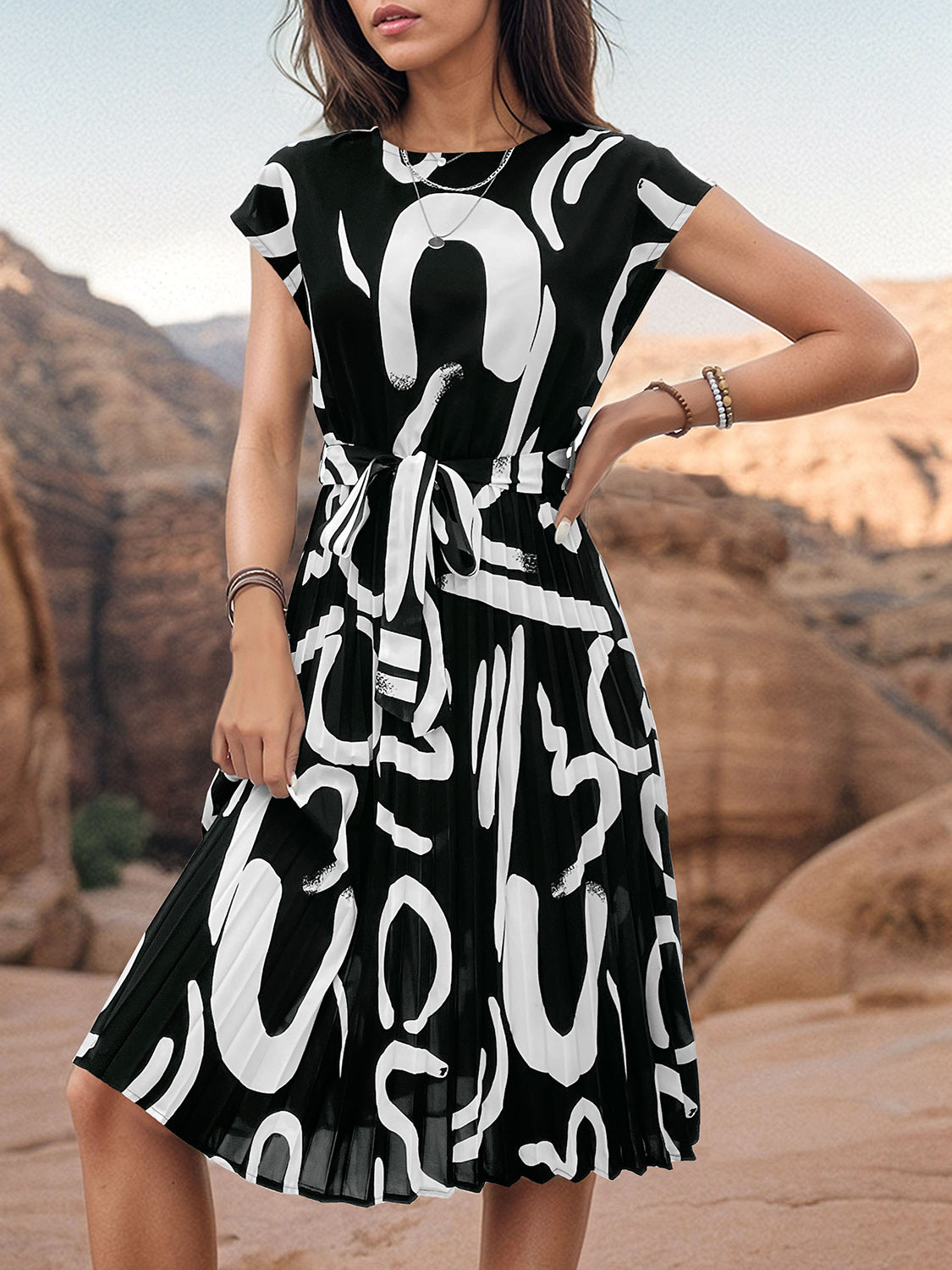 Stylish Printed Cap Sleeve Tie Waist Midi Dress for Women | Summer Beach Resort Wear | Perfect for Vacation, Poolside & Casual Outings