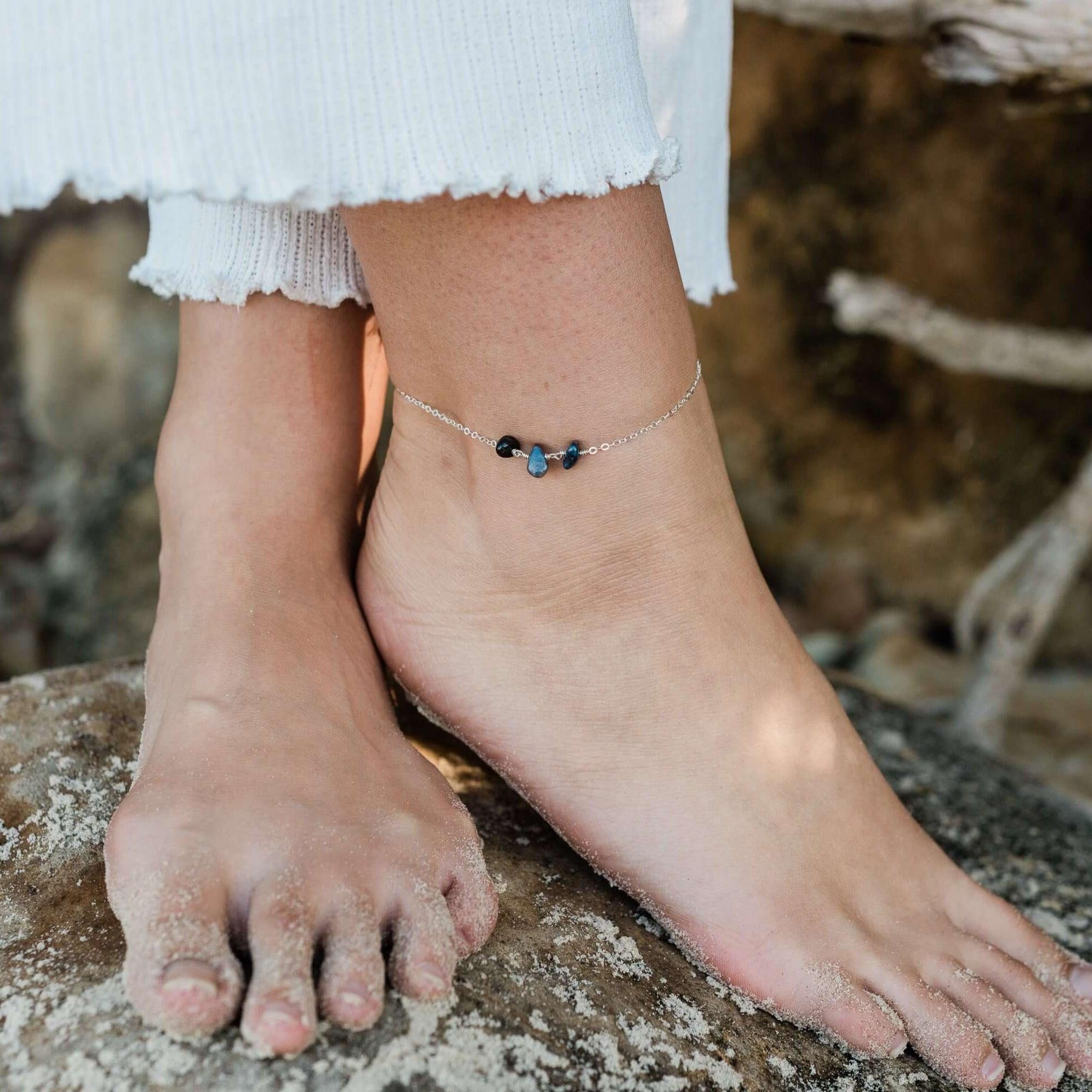 Elegant Sapphire Beaded Chain Anklet - Adjustable Sterling Silver Ankle Bracelet for Women | Perfect for Beach, Summer & Boho Fashion