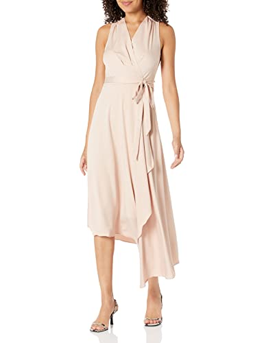 BCBGMAXAZRIA Women's Fit and Flare Asymmetrical Hem Midi Wrap Dress with Tie Belt - Elegant Cocktail Party & Wedding Guest Dress