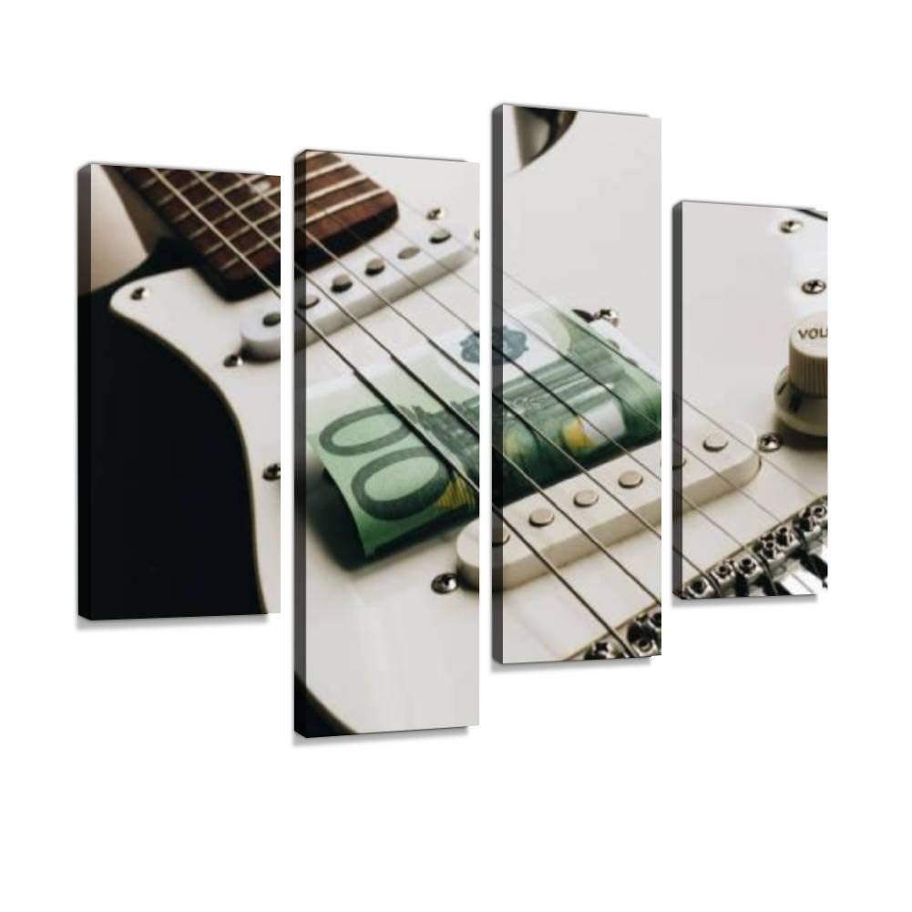 HIPOLOTUS 4 Panel Canvas Wall Art - Guitar String Money Design with 100 Euro Bills, Stretched & Framed Paintings for Living Room Decor | Ready to Hang | Perfect for Music Lovers & Modern Home Decoration