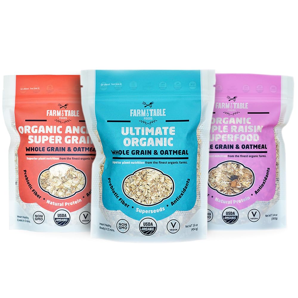 Organic Oatmeal Variety Pack - High-Protein, Plant-Based, Unsweetened, Non-GMO, Farm to Table Foods - 3 Flavors (Apple Raisin, Whole Grain, Ultimate Organic) - Perfect for Breakfast, Healthy Snacks & Weight Management