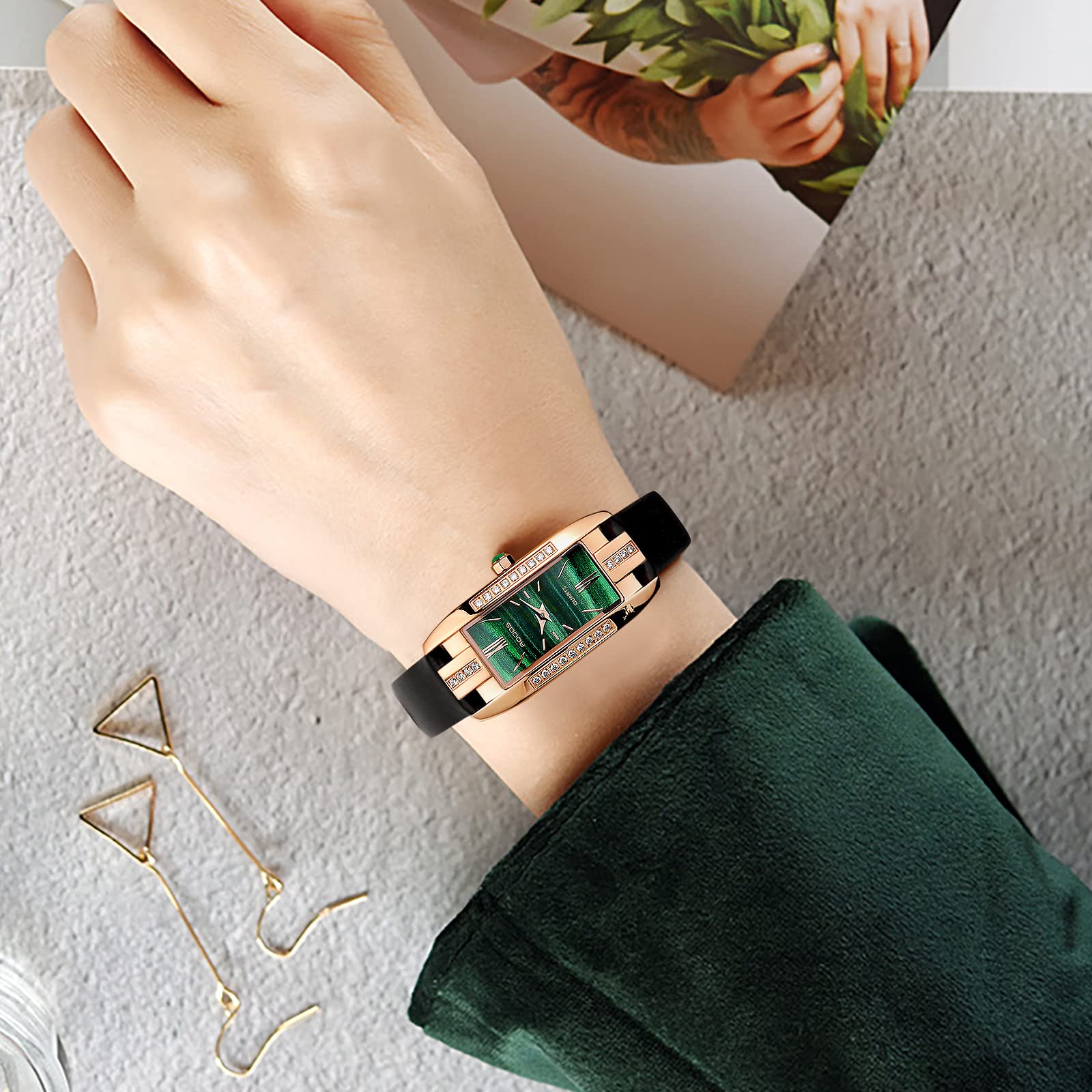 Elegant Women's Watches with Green/Red Dial & Leather Strap - Fashion Quartz Analog Dress Watch for Ladies - Waterproof Casual Diamond Wristwatch RW0209S - Perfect for Office, Party & Everyday Wear