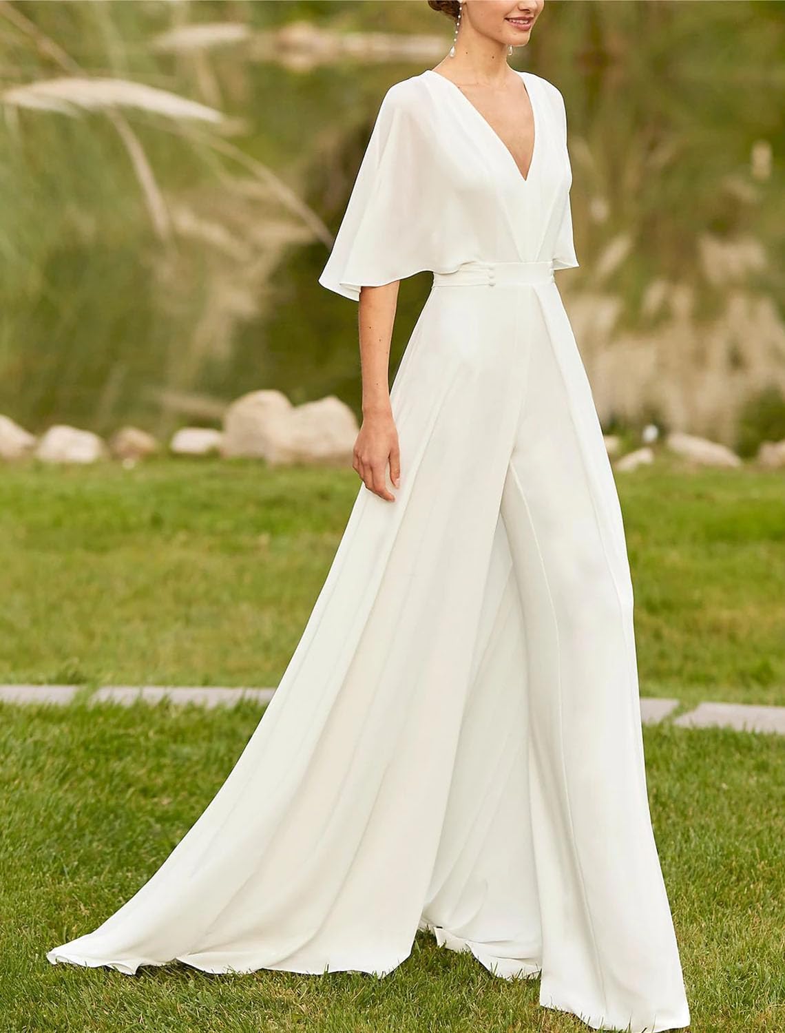 Lyhias Elegant Two-Piece Jumpsuit Wedding Dress | V-Neck Court Train Bridal Gown with Half Sleeves | Perfect for 2024 Weddings, Receptions & Formal Events