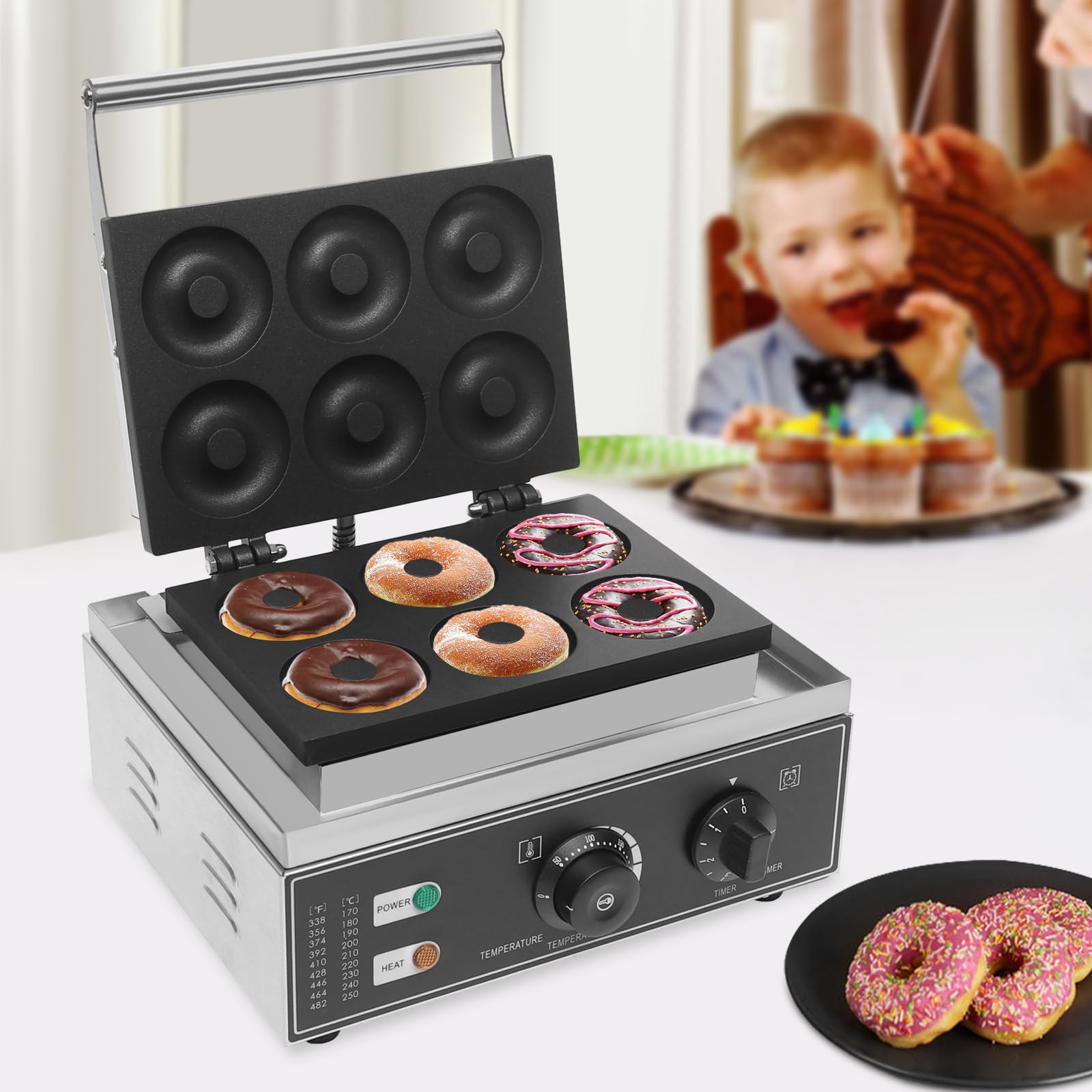 Commercial Stainless Steel Donut Maker Machine - 6Holes Double-Sided Electric Pancake & Waffle Baker with Non-Stick Surface, Time & Temperature Control (1550W) - Perfect for Bakeries, Breakfast Stores, Supermarkets, and Home Kitchens