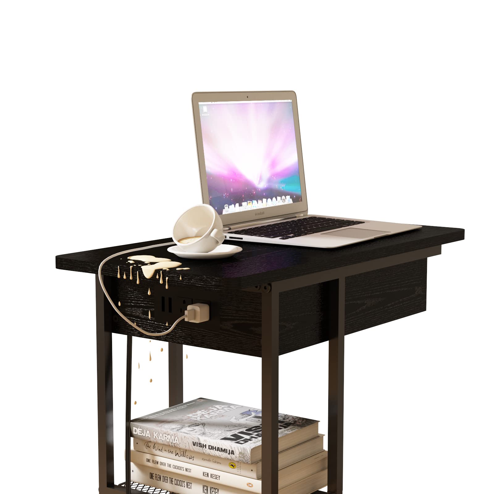 LIDYYK Modern C-Shaped End Table with Built-in Charging Station, Flip Top Design with USB Ports & Outlets, Multi-Functional Sofa Side Table with Storage Shelf - Perfect for Living Room, Bedroom, Office (Black) | Space-Saving Furniture for Small Spaces, Ideal for Holding Drinks, Books & Charging Devices