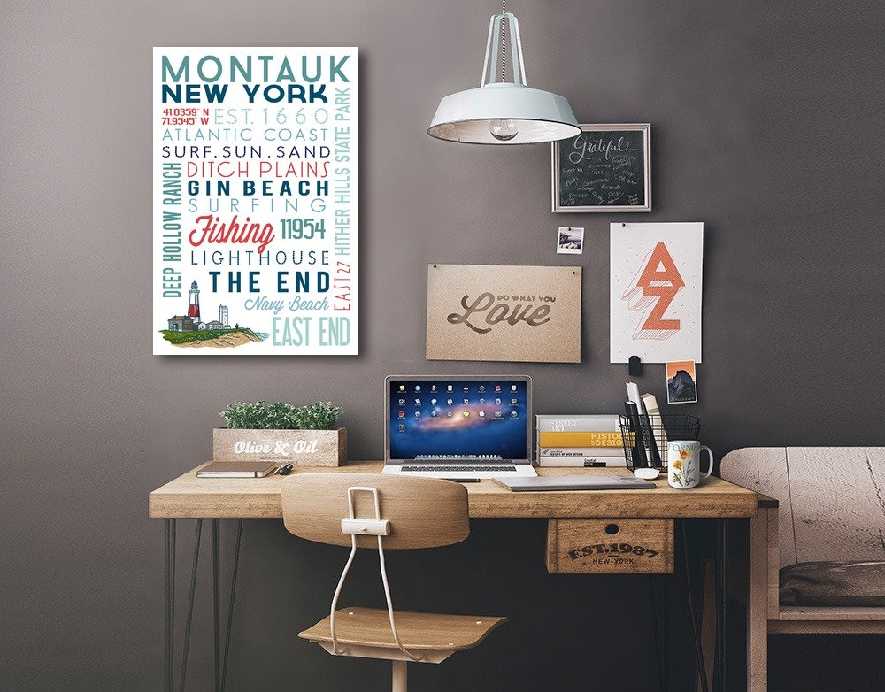Lantern Press Montauk New York Typography Art - 16x24 Wrapped Canvas Wall Decor for Living Room, Bedroom & Office - Coastal Inspired Home Decor
