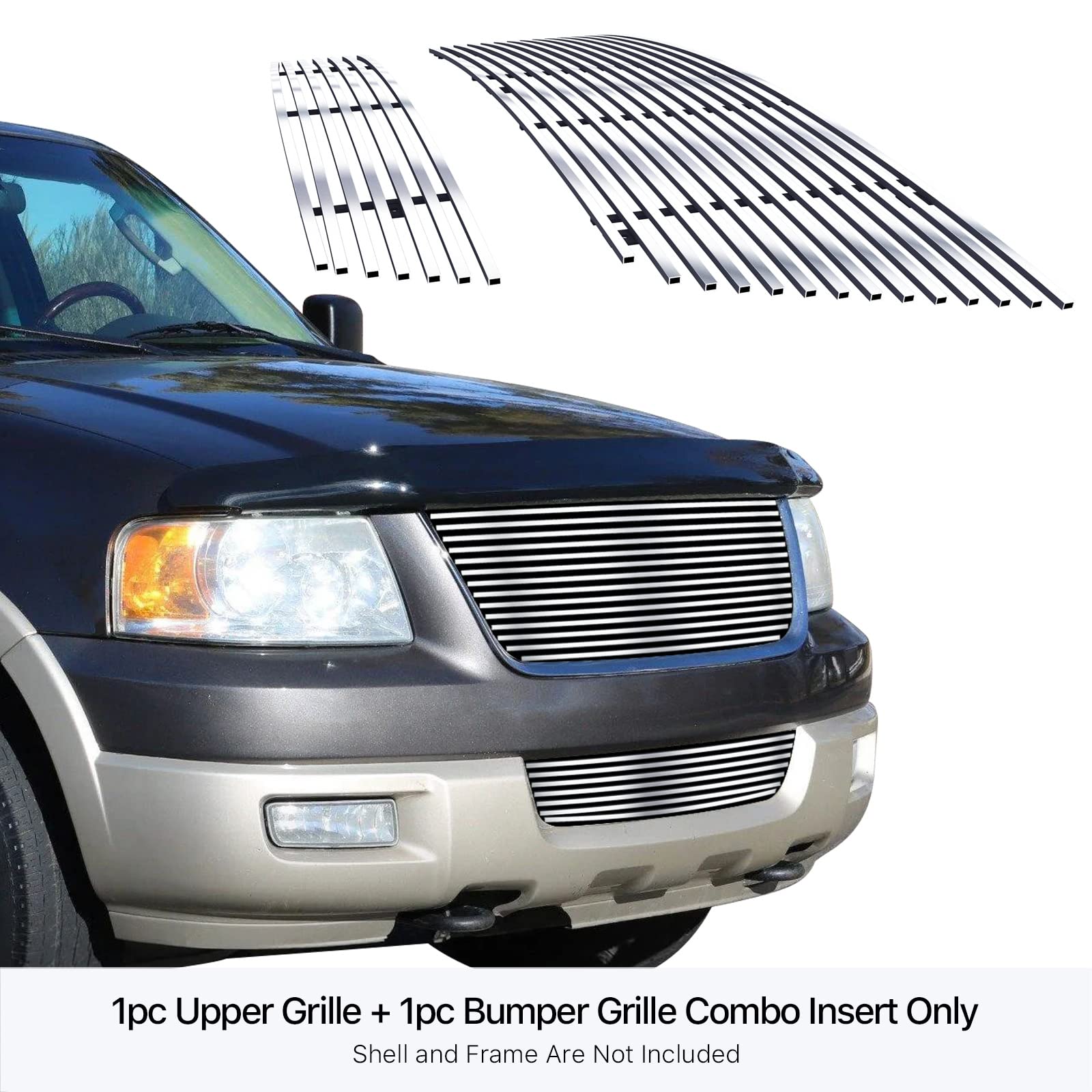 APS Compatible with Ford Expedition 2003-2006 Chrome Billet Front Grille Insert Combo - Upper & Lower Bumper Grill Replacement - Perfect for Off-Roading & Truck Customization