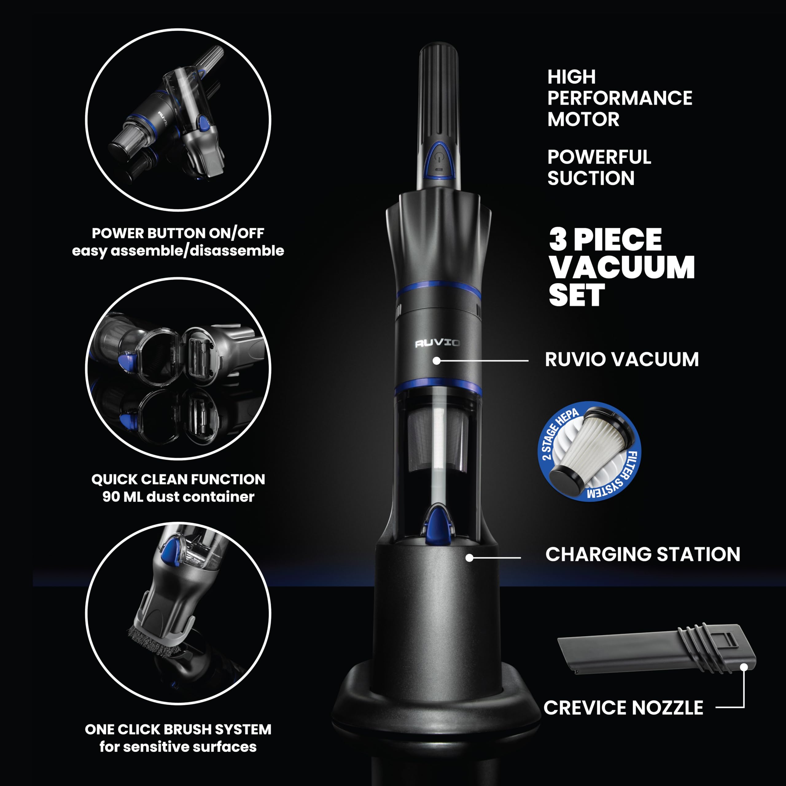 Ruvio PRO Cordless Handheld Vacuum Cleaner - Powerful Portable Vacuum for Home, Car, Pet Hair & Hardwood Floors - 2X HEPA Filtration System - Ideal for Quick Cleanups, Car Detailing & Pet Hair Removal (As Seen on TV)