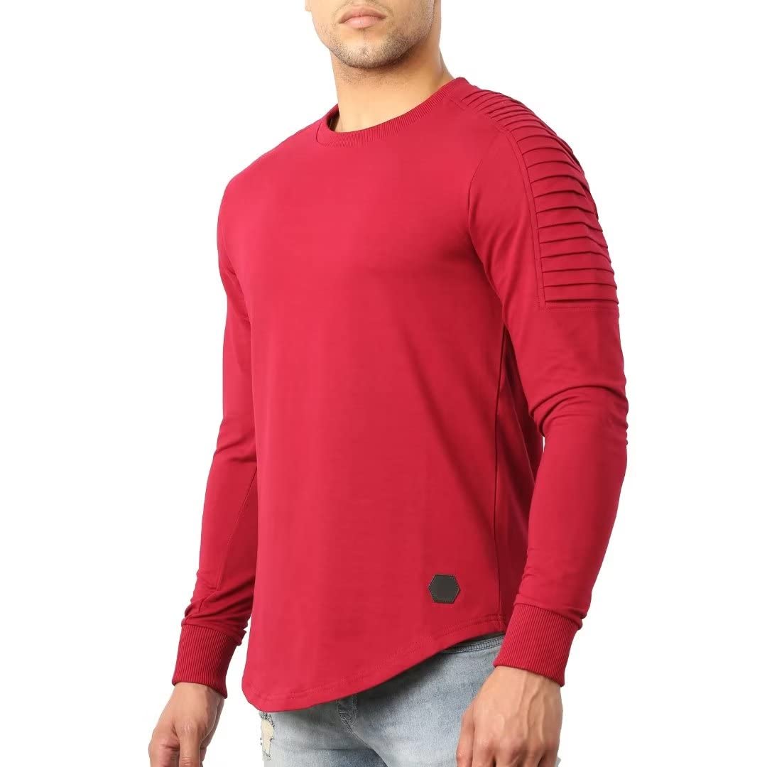 Men's Long Sleeve Casual T-Shirt - Breathable Workout Running Tee Shirt with Pleated Design for Gym, Jogging & Everyday Wear