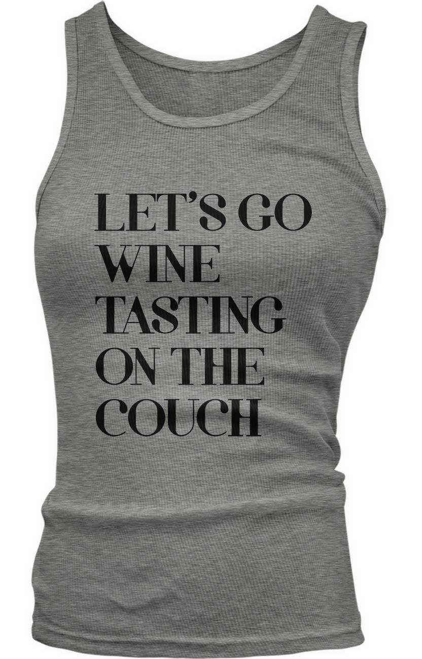 Amdesco Junior's Let's Go Wine Tasting on The Couch Tank Top - Women's Casual Sleeveless Graphic Tee for Wine Lovers, Girls Night Out & Relaxing at Home