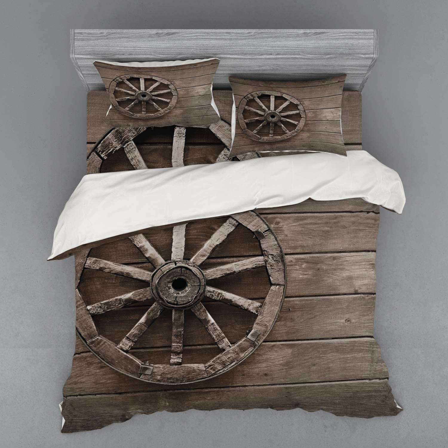 Ambesonne Vintage Barn Wood Wagon Wheel Duvet Cover Set - 4 Piece Western Style Bedding with Shams & Fitted Sheet, King Size, Umber Brown - Perfect for Rustic Farmhouse, Country Cabin & Western Themed Bedrooms