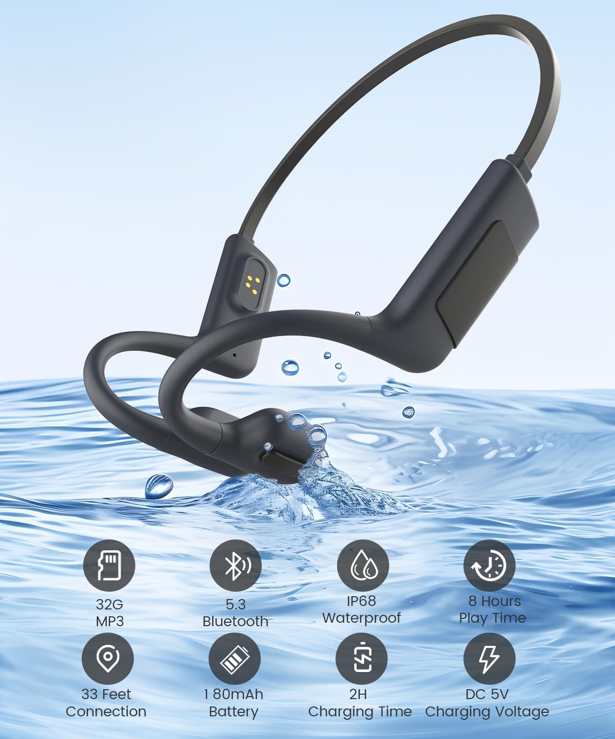 Monodeal Bone Conduction Headphones - IP68 Waterproof Bluetooth 5.4 Wireless Headset with 32GB MP3 Player, Open-Ear Design for Swimming, Running, Cycling & Outdoor Sports