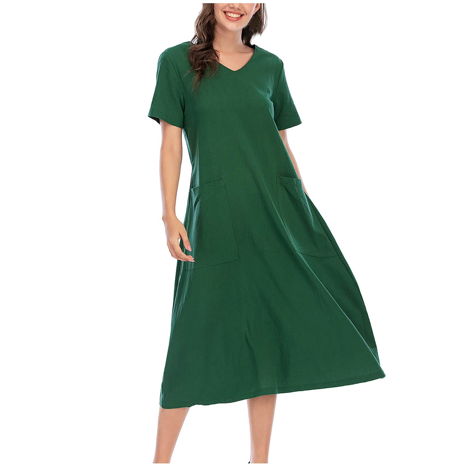 Italian Style Summer Linen Maxi Dress - Long Casual Loose Fitting Short Sleeve Dress with Pockets | Solid Color Women's Fashion for Beach, Vacation & Everyday Wear
