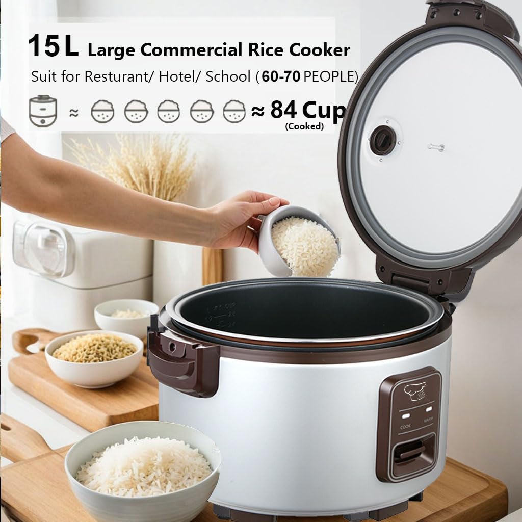15.8QT Large Commercial Rice Cooker - 84 Cups Cooked / 32 Cups Uncooked - Electric Rice Warmer for 60-70 People - One-Touch Operation - Perfect for Restaurants, Catering & Large Gatherings