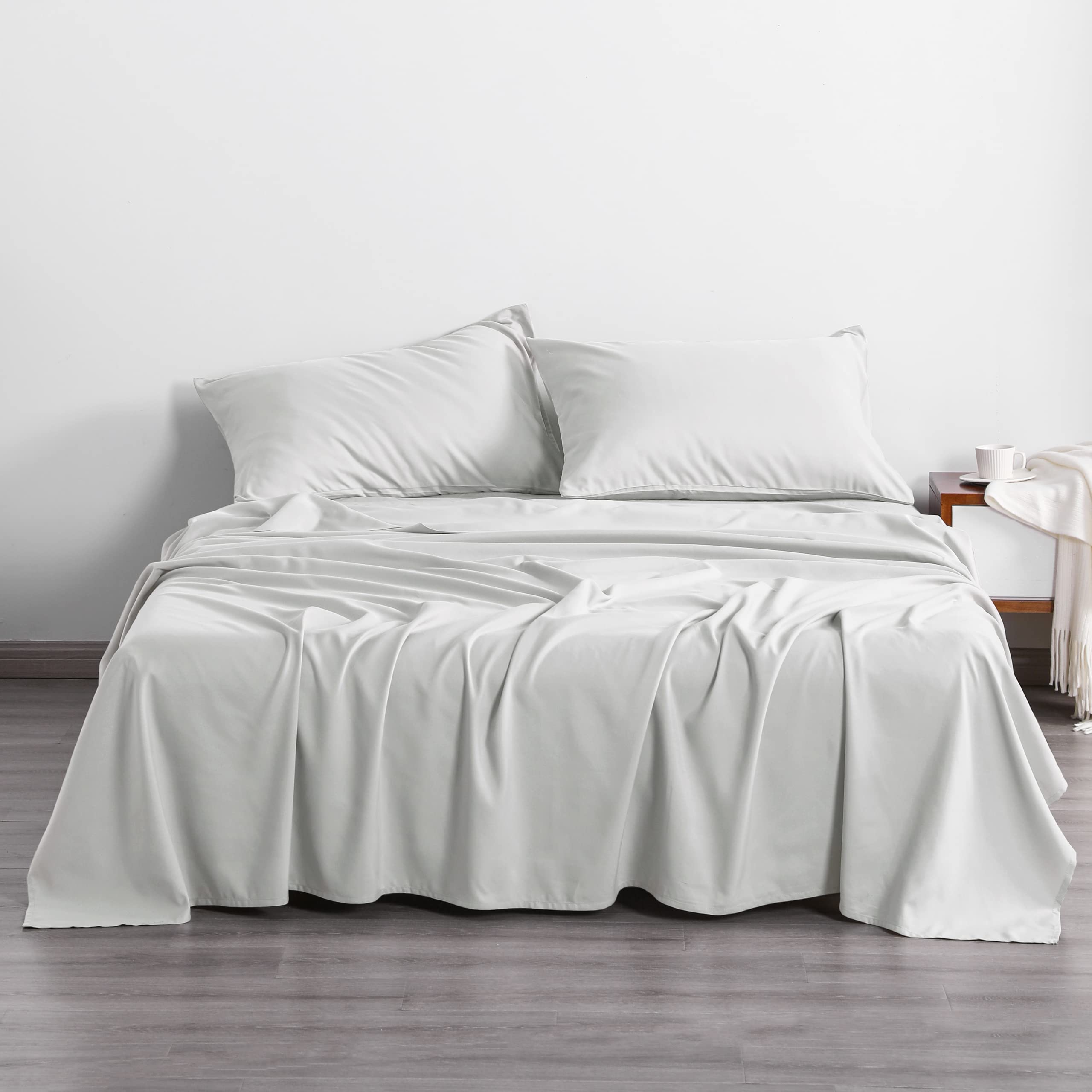 NTBAY 4-Piece 100% Microfiber King Size Bed Sheet Set - Ultra Soft 1800 Thread Count, Wrinkle & Fade Resistant, Deep Pocket Fitted Sheet (1 Flat, 1 Fitted, 2 Pillowcases) - Light Grey | Luxury Bedding for Master Bedroom, Guest Room & Hotel Style Comfort