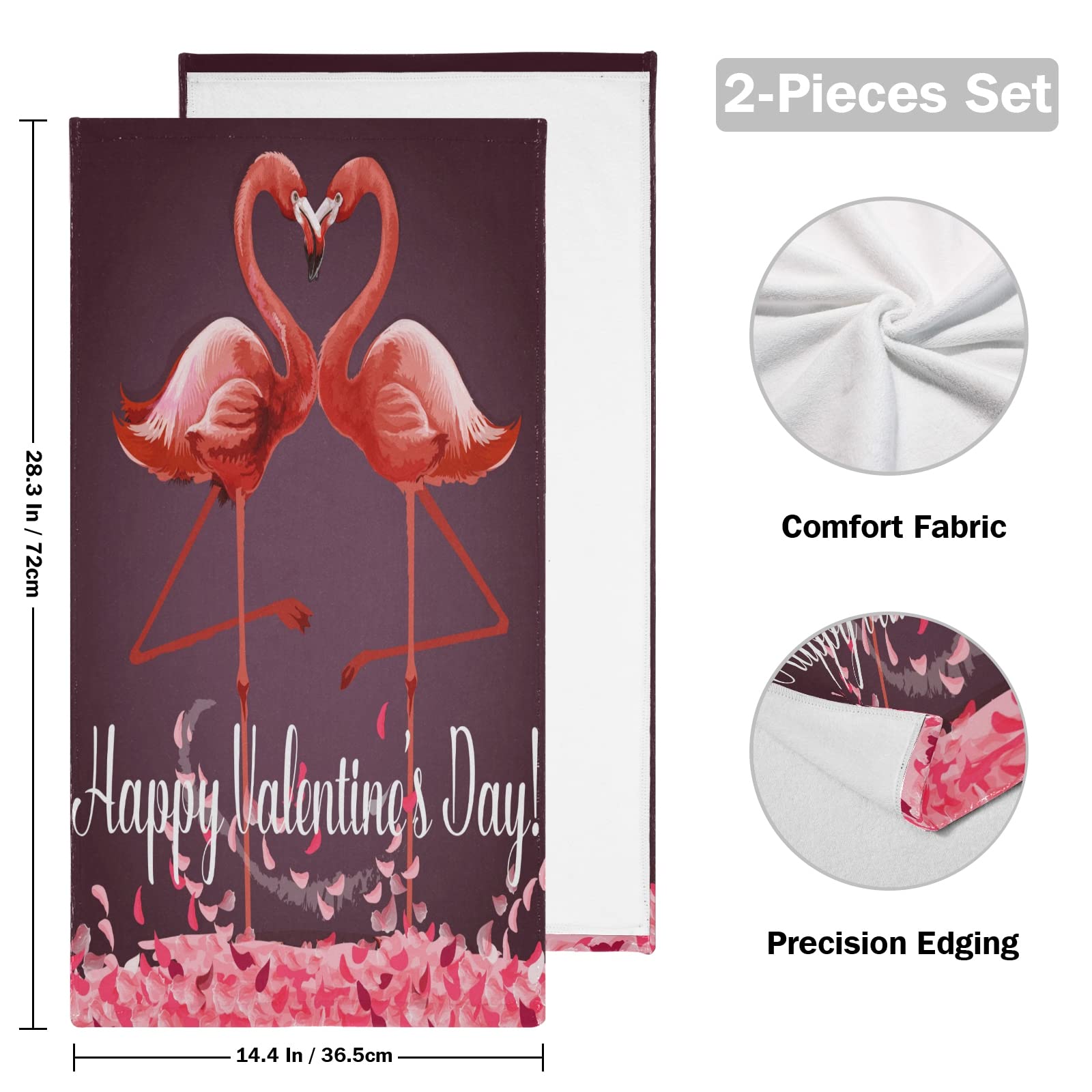 Valentine's Day Flamingo & Rose Printed 2-Piece Towel Set - 30x15 Inches Soft Face, Hand & Dish Towels for Bathroom, Kitchen & Beach Decor - Perfect Romantic Gift for Couples