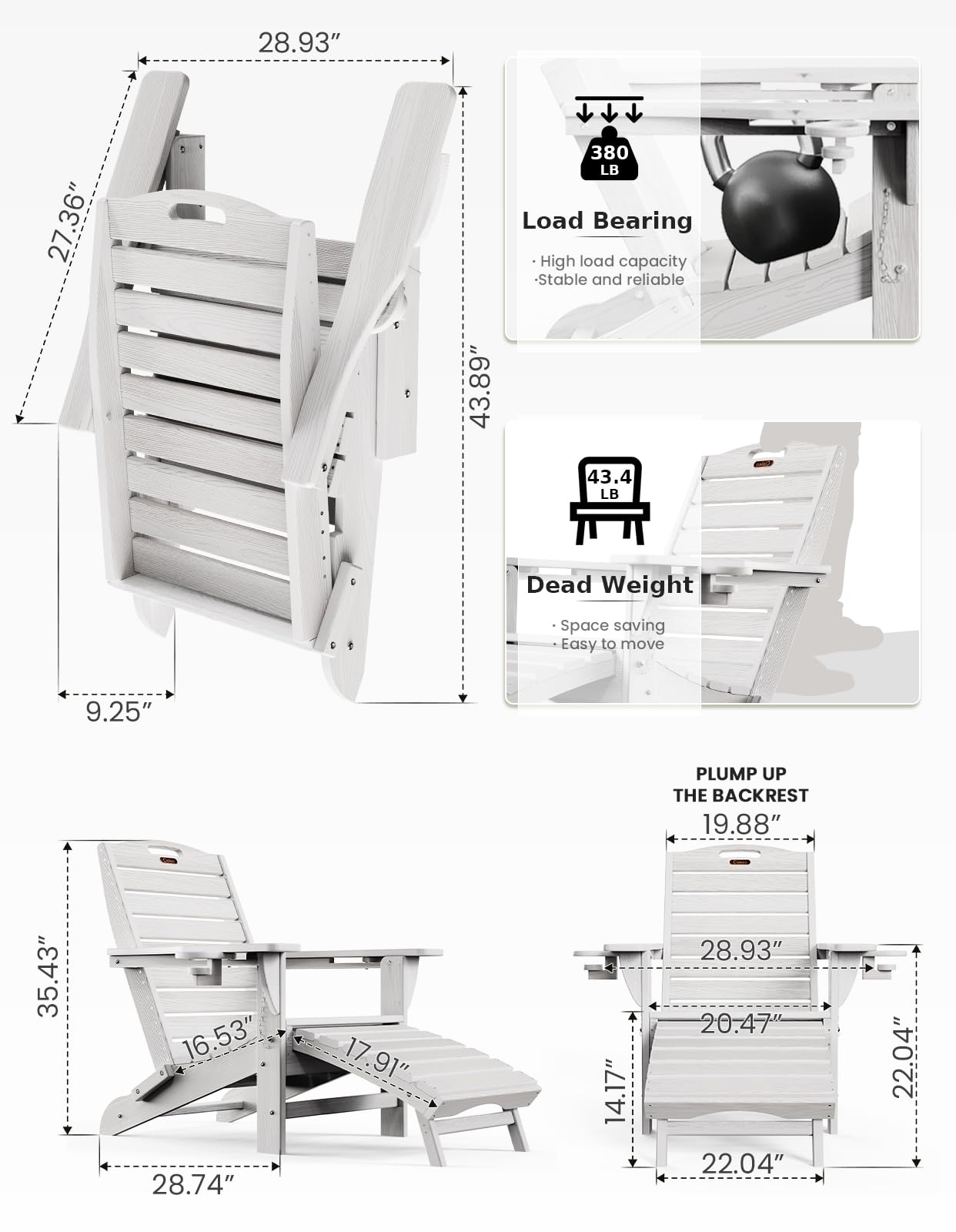 Ciokea Folding Adirondack Chair with Retractable Ottoman & Fire Pit - Weather-Resistant Patio Lounge Chair with Pull-Out Footrest & 2 Cup Holders - Perfect for Backyard, Poolside & Camping (White)