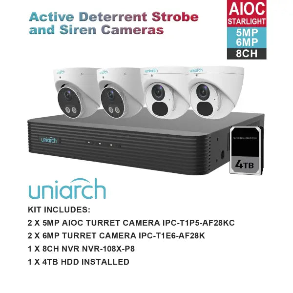 Uniarch CCTV Security Camera Kit with Active Deterrent - 5MP & 6MP 8 Channel NVR System (Model M6082T2AIOC) for Home & Business Surveillance