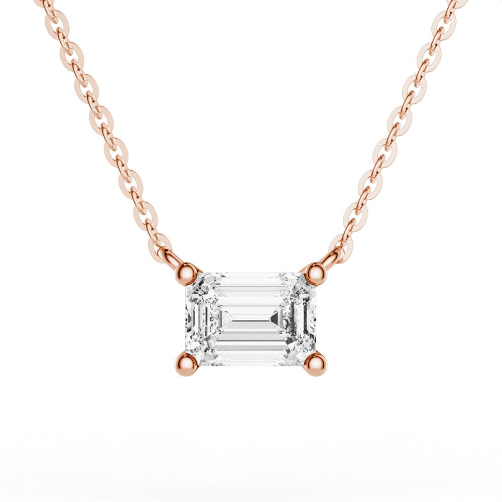East West Emerald Cut Moissanite Solitaire Necklace | Dainty Gold Pendant for Women | Perfect for Weddings, Anniversaries & Everyday Elegance