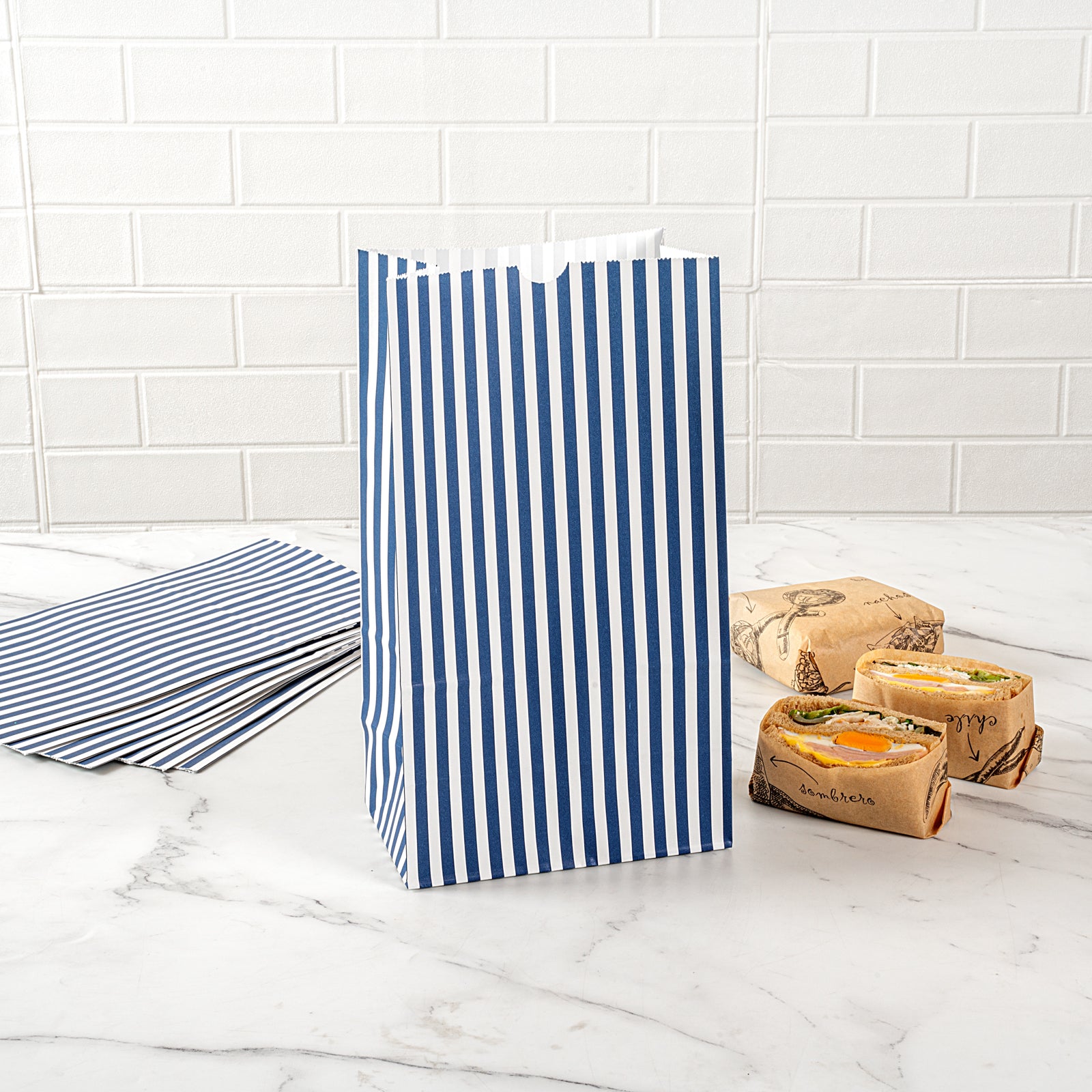 Premium Blue and White Striped Paper Bags - 12 lb Weight Capacity, 7 x 4.25 x 12.5 Inches (100 Count Box) - Perfect for Gift Wrapping, Party Favors, and Retail Packaging