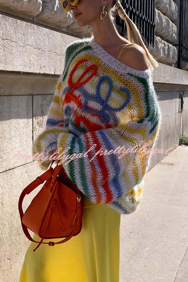 Rainbow Striped Loose Knit Sweater for Women - Cozy Hollow Out Pullover with Contrast Colors | Perfect for Fall Layering & Casual Outfits