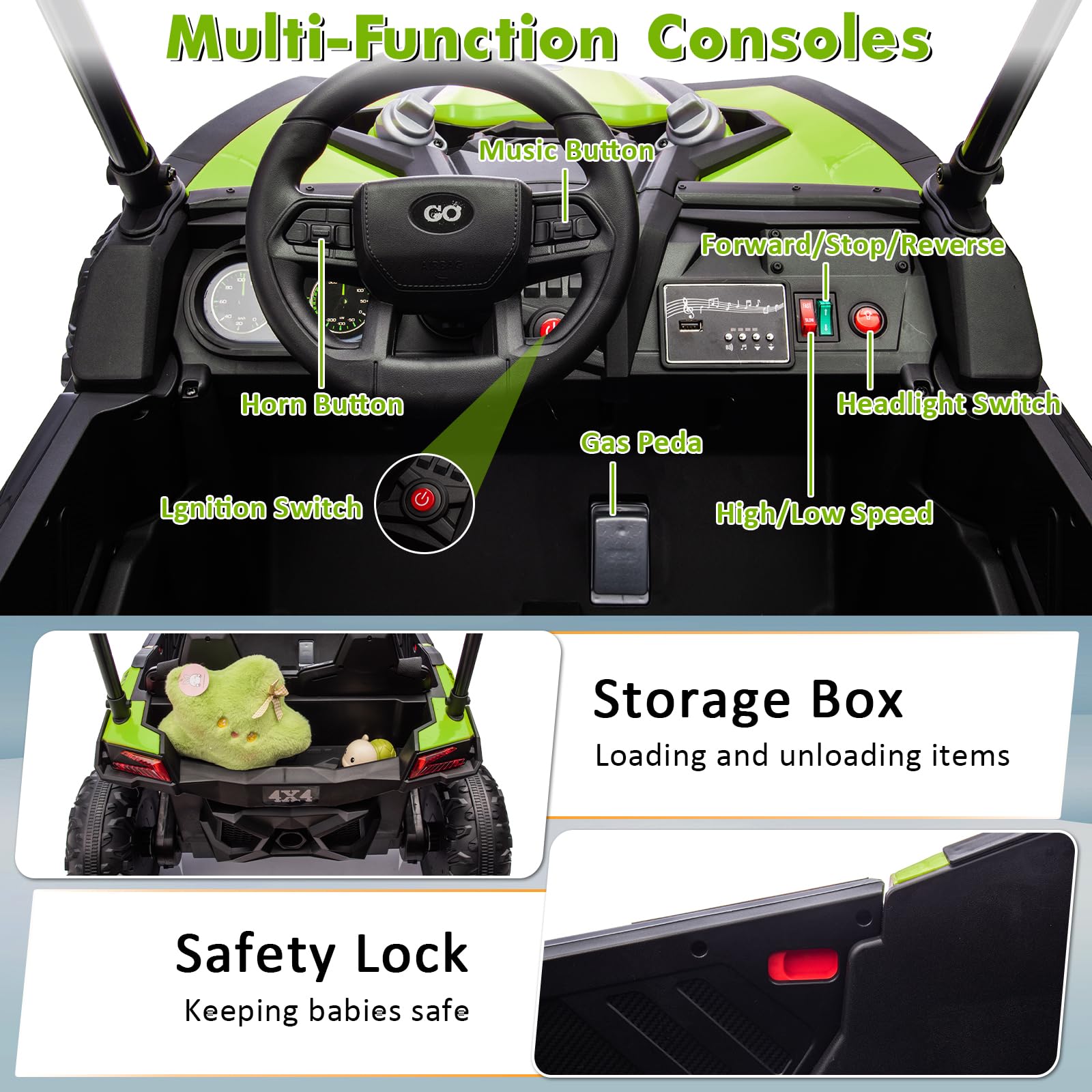 GARVEE 24V Kids Ride On UTV - 2 Seater Electric Toy Truck with Sun Shade, 4WD, Remote Control, LED Lights & Shock Absorbers | One-Click Start & Music Player | Perfect for Outdoor Play, Backyard Adventures & Birthday Gifts (Green)