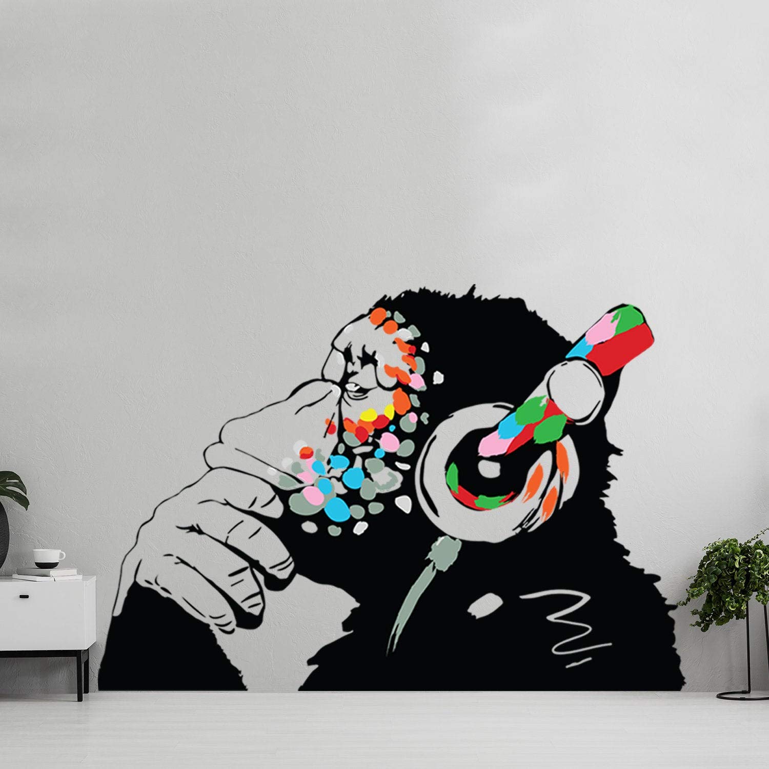 Banksy Thinking Monkey Vinyl Wall Decal - Street Art Sticker with Headphones for Music Lovers & Graffiti Fans - Perfect for Bedroom, Office & Urban Decor