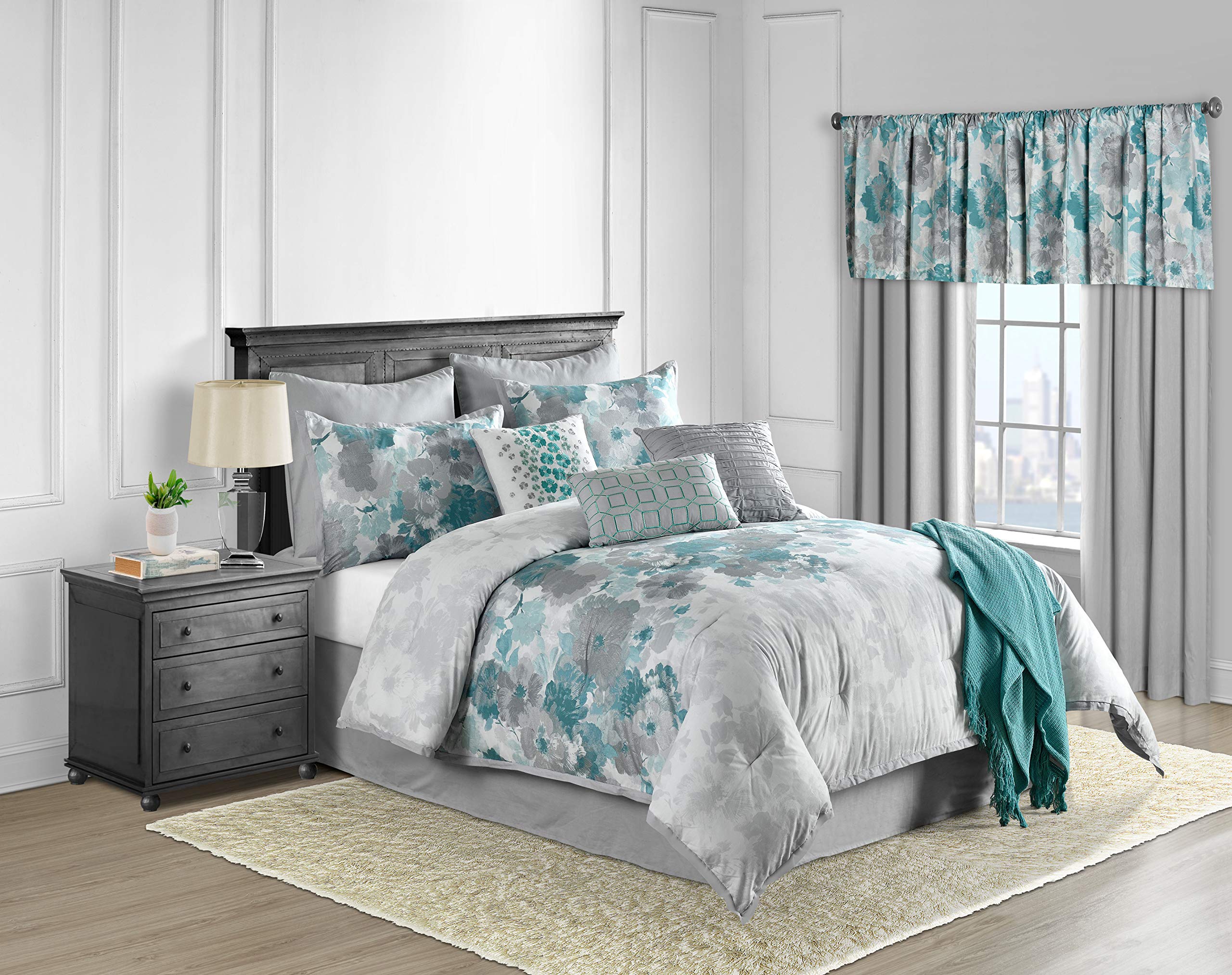 Claire Cotton 10-Piece Comforter Set - Full Size Teal Floral Bedding Set with Comforter, Bed Skirt, Shams, Throw Pillows & Blanket | Luxury Soft Bedroom Decor for Master Bedroom, Guest Room & Dorm