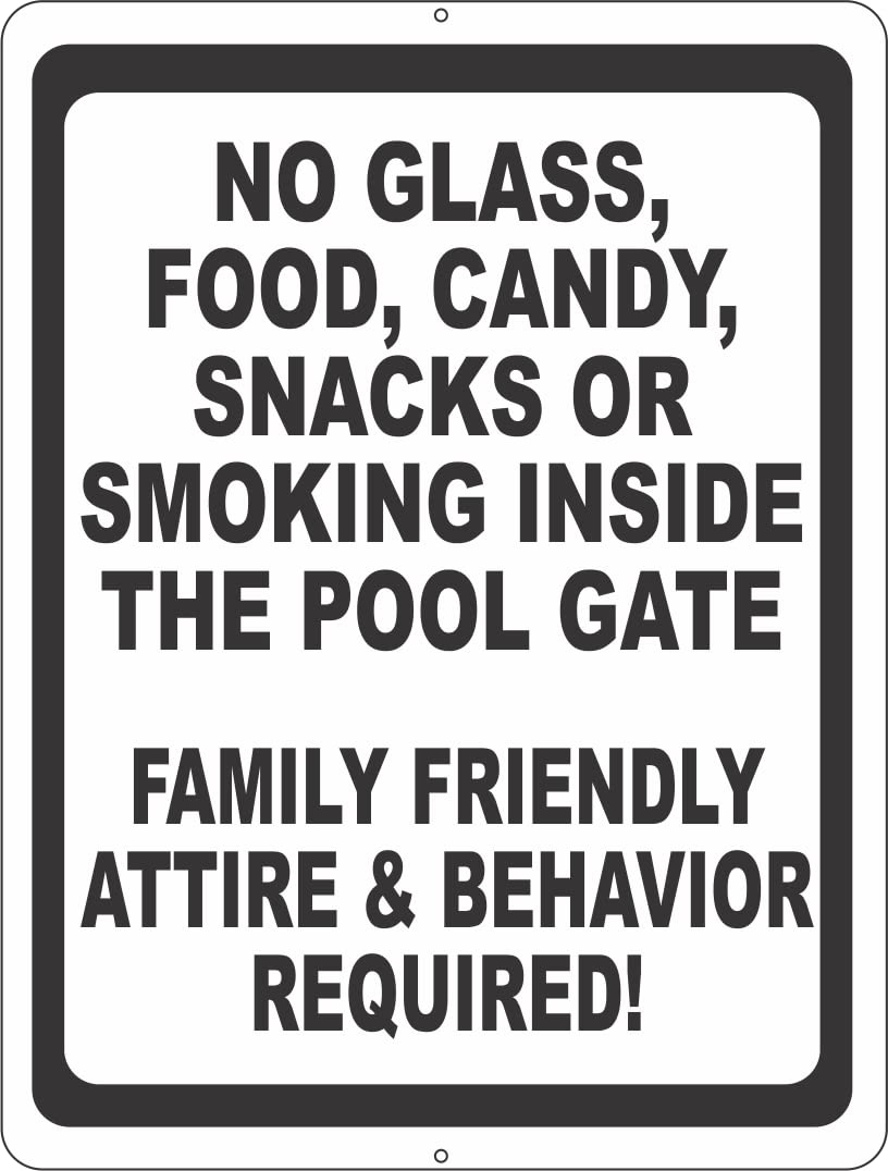 9x12 Inch Metal Pool Rules Sign - No Glass, Food, Candy, Snacks or Smoking Inside Pool Area | Durable Outdoor Warning Sign for Swimming Pools, Backyards & Public Pool Safety