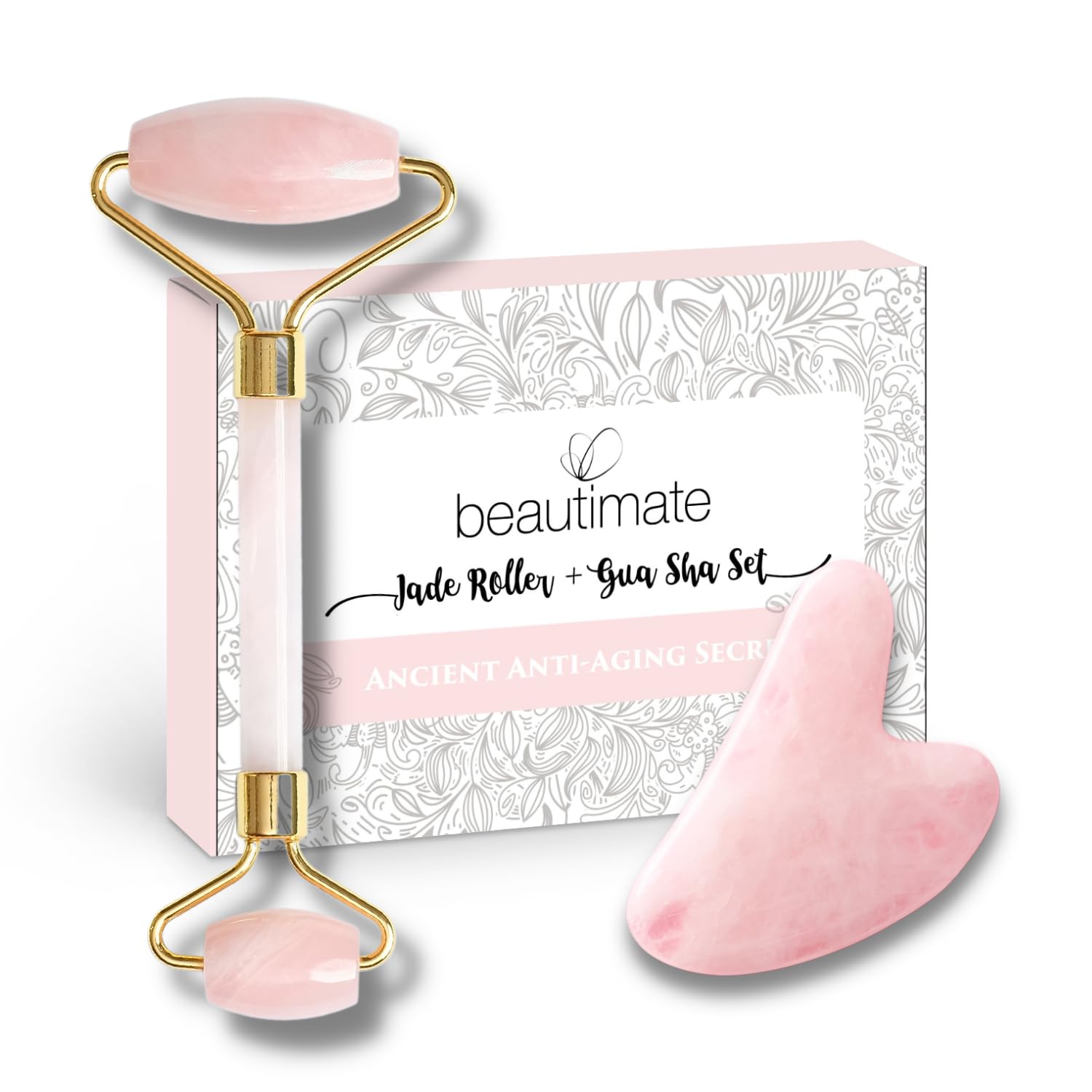 Rose Quartz Jade Roller & Gua Sha Set - Natural Facial Massage Tools for Skin Care, Wrinkle Reduction & Lymphatic Drainage - Perfect for Anti-Aging Routine & Relaxing Spa Night