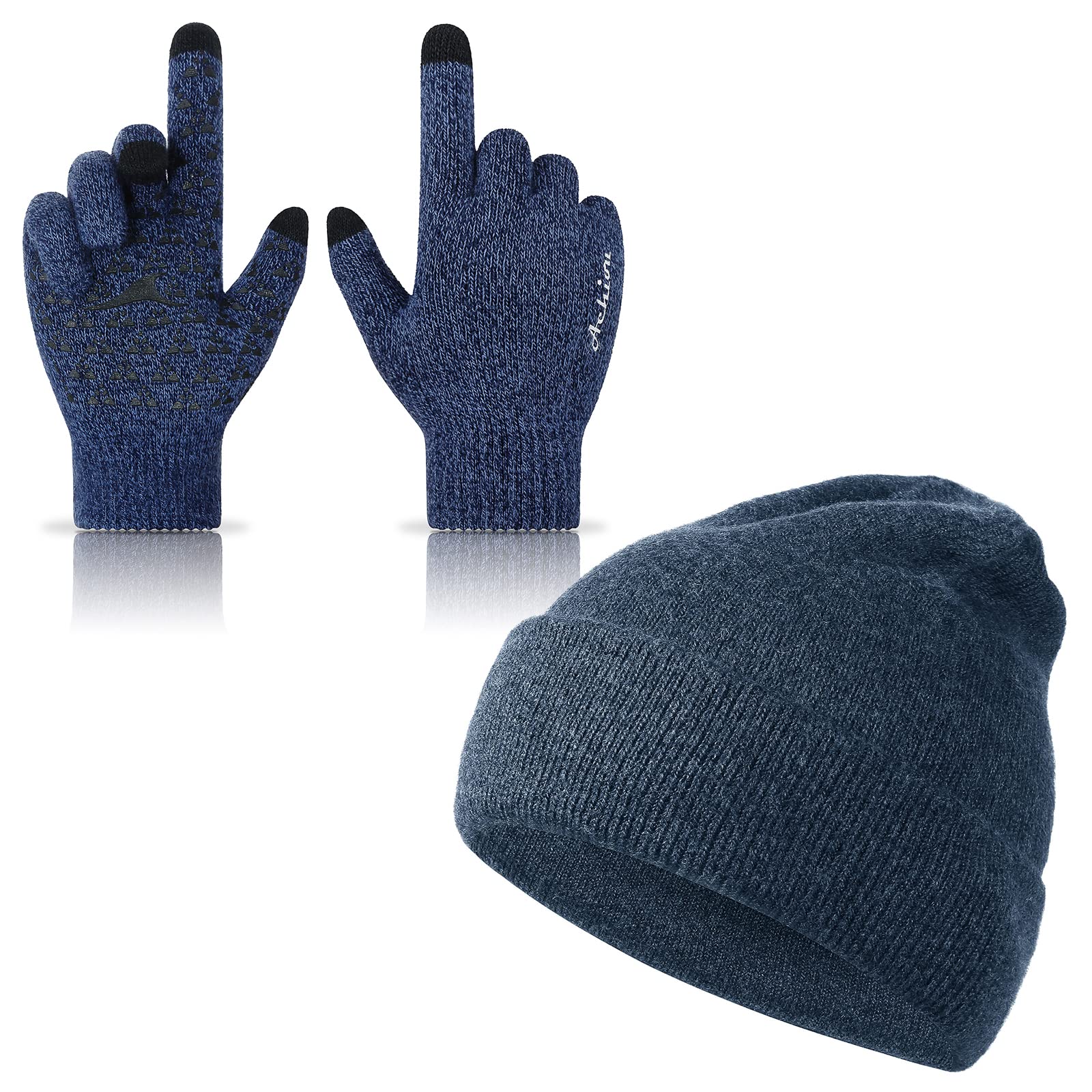 Achiou Women's Winter Slouchy Beanie Hat with Pom & Knit Gloves Set - Soft Warm Winter Accessories for Cold Weather, Outdoor Activities, and Fashion Outfits