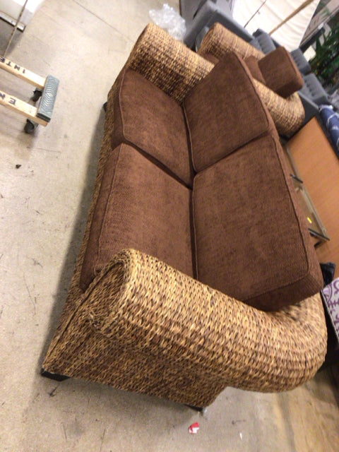 Custom Rattan & Fabric Sofa - Handwoven Wicker Couch with Soft Upholstery - Perfect for Living Room, Patio, or Sunroom Decor