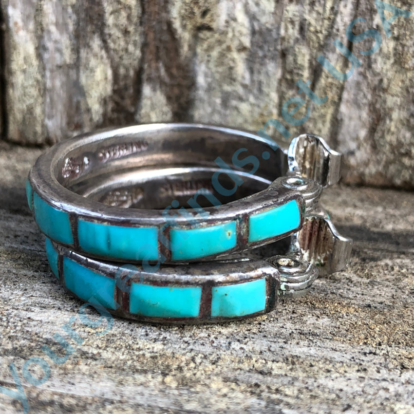 Vintage Hopi Sterling Silver & Turquoise Inlay Clip-On Hoop Earrings – Handmade Native American Jewelry for Women – Perfect for Casual Wear, Festivals, and Special Occasions