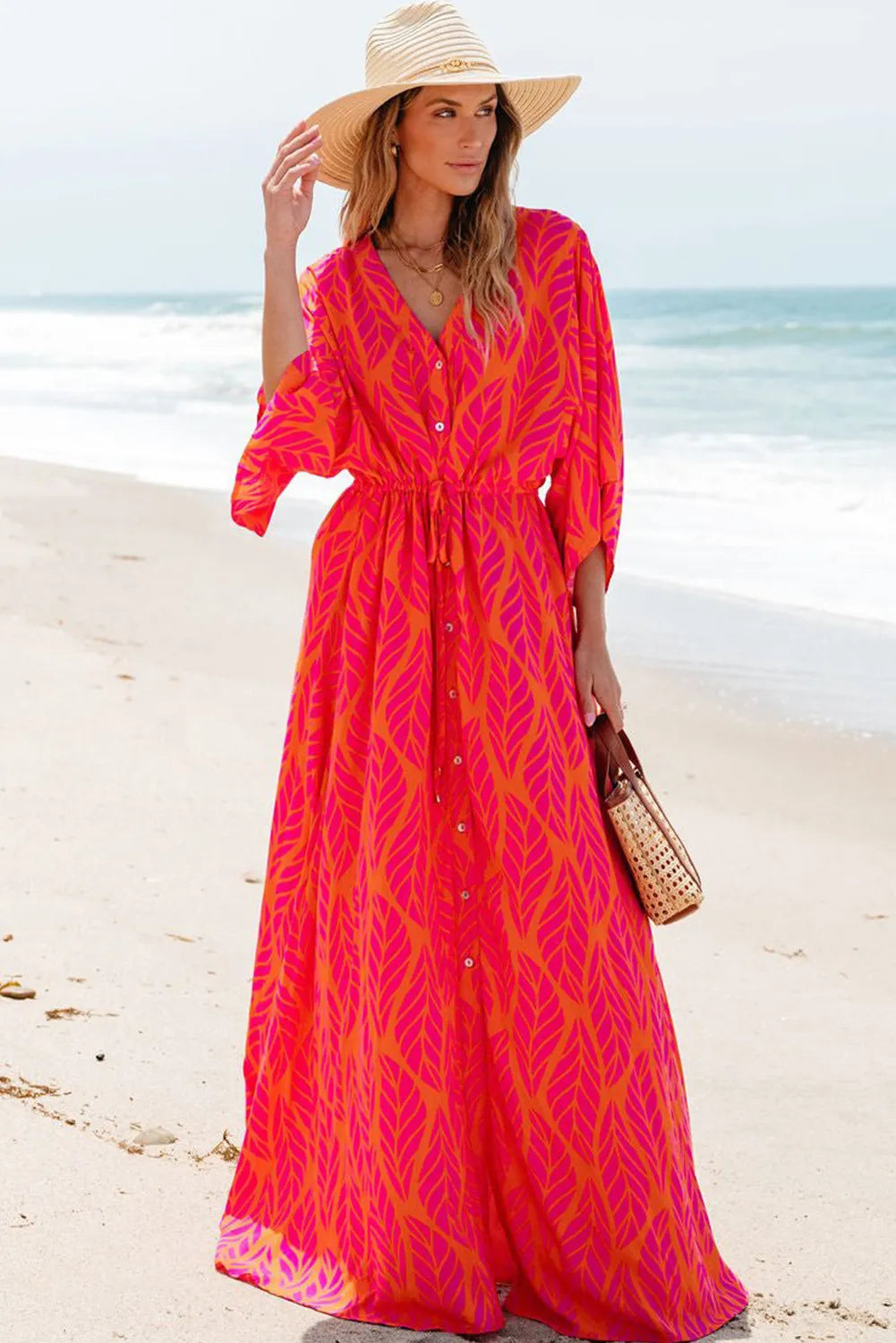 Stylish Printed V Neck Maxi Dress with Drawstring Waist - Perfect for Beach Vacations, Summer Parties & Casual Outings