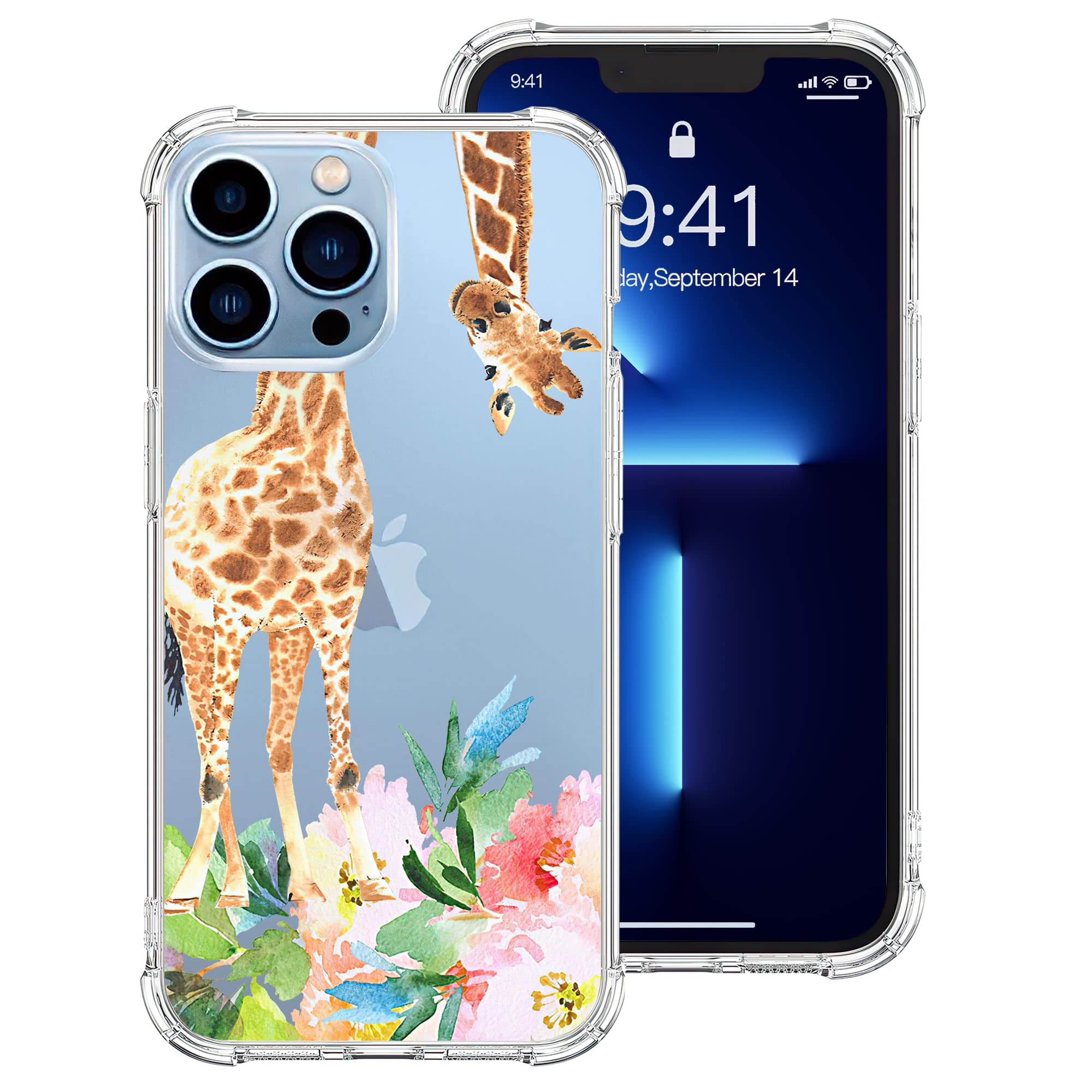 Funny Giraffe with Flowers iPhone 13 Pro Max Case - Shockproof TPU Bumper Cover with 4 Corner Protection for 6.7