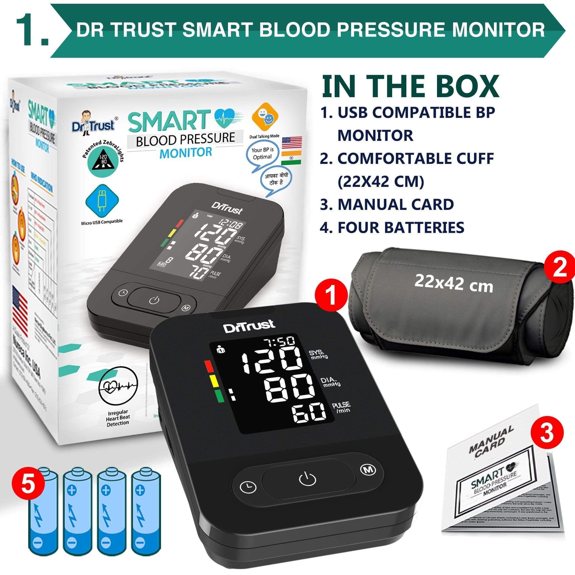 Dr Trust USA Smart Blood Pressure Monitor & Glucose Testing Kit with 10 Test Strips - Home Health Monitoring for Diabetes & Hypertension Care