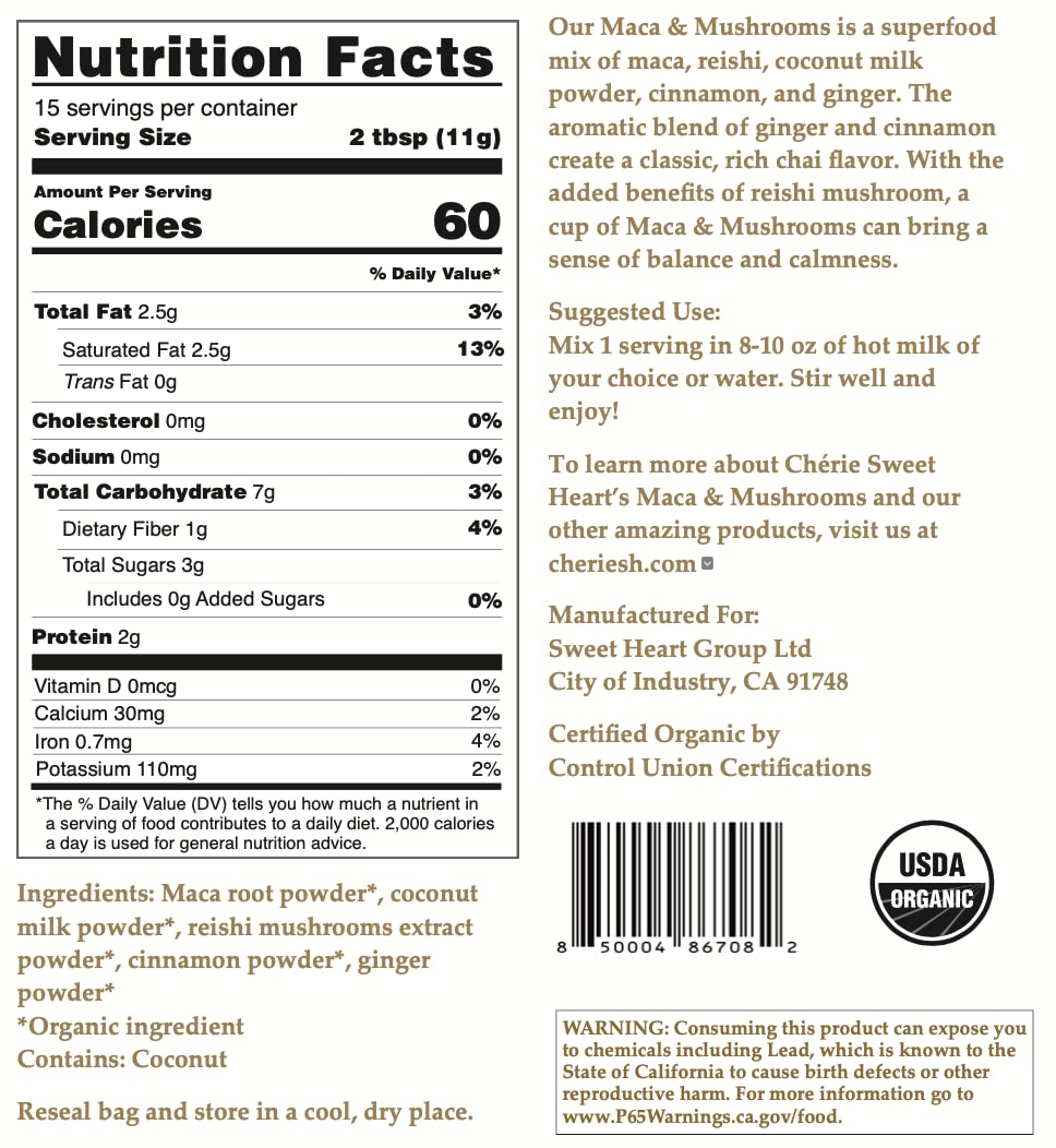 Organic Maca Mushroom Superfood Blend (Maca, Reishi, Coconut Milk, Cinnamon, Ginger) - 6oz Bag, 15 Servings | Vegan, Gluten-Free, Non-GMO | Energy Boost & Immune Support for Smoothies, Coffee & Wellness Drinks