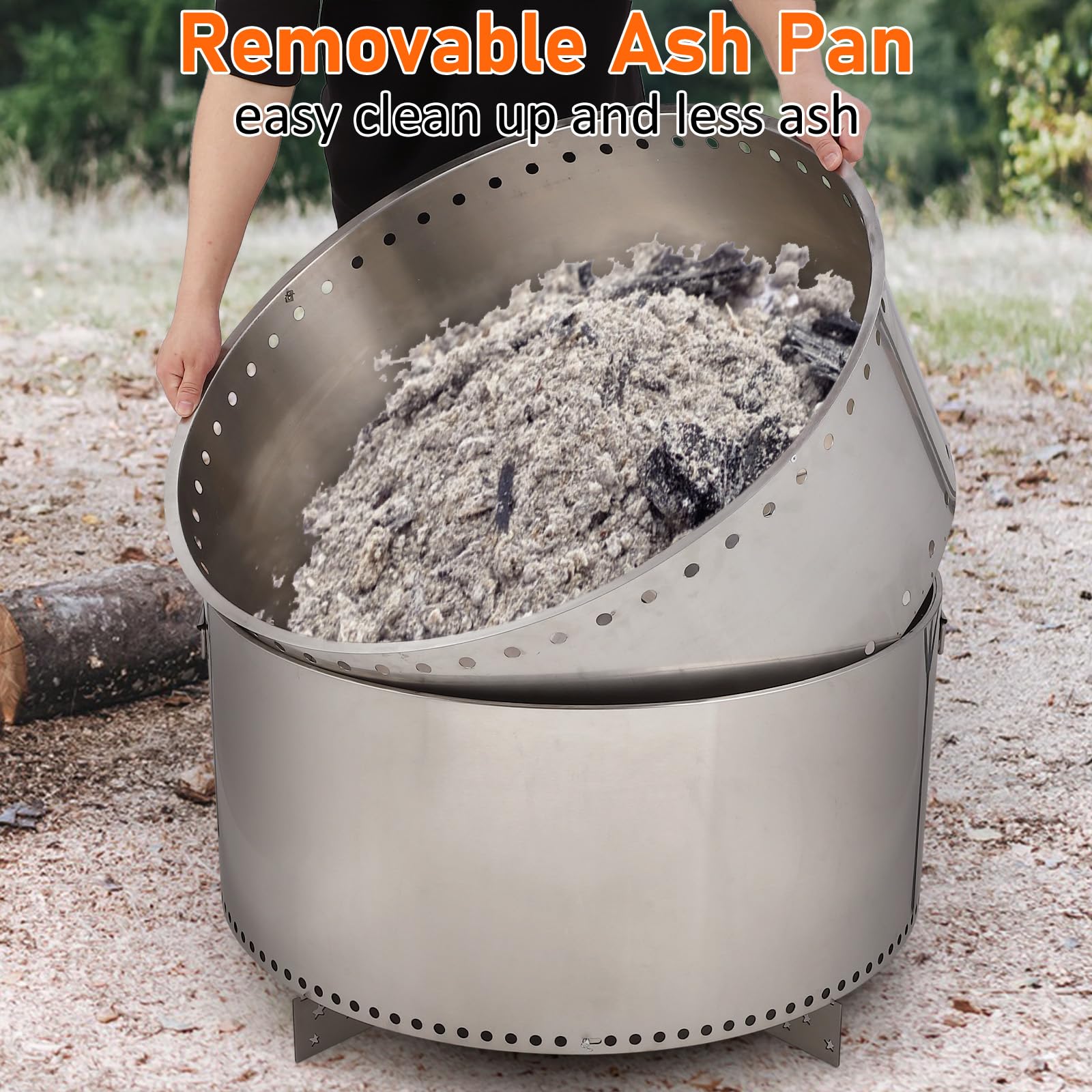 GARVEE 32-Inch Portable Smokeless Fire Pit with Stand - Stainless Steel Wood Burning Stove with Handles & Removable Ash Pan - Perfect for Camping, Backyard, Patio, and Outdoor Gatherings